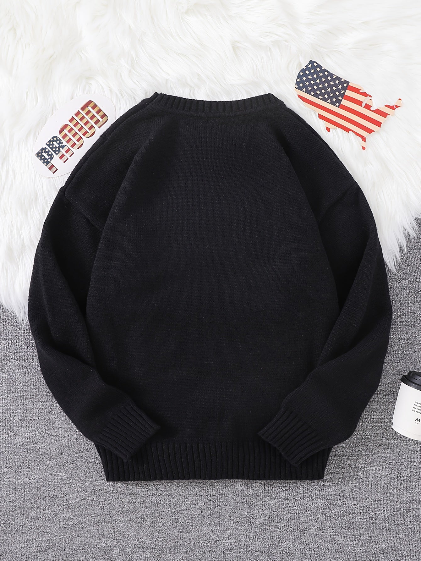 Autumn Fashion Cozy Long Sleeve Pullover Sweater - Soft Crew Neck Knitwear with American Flag Print, Warm and Breathable Outerwear for Daily Wear, Perfect for Casual Occasions - Stylish and Comfortable Top for Men