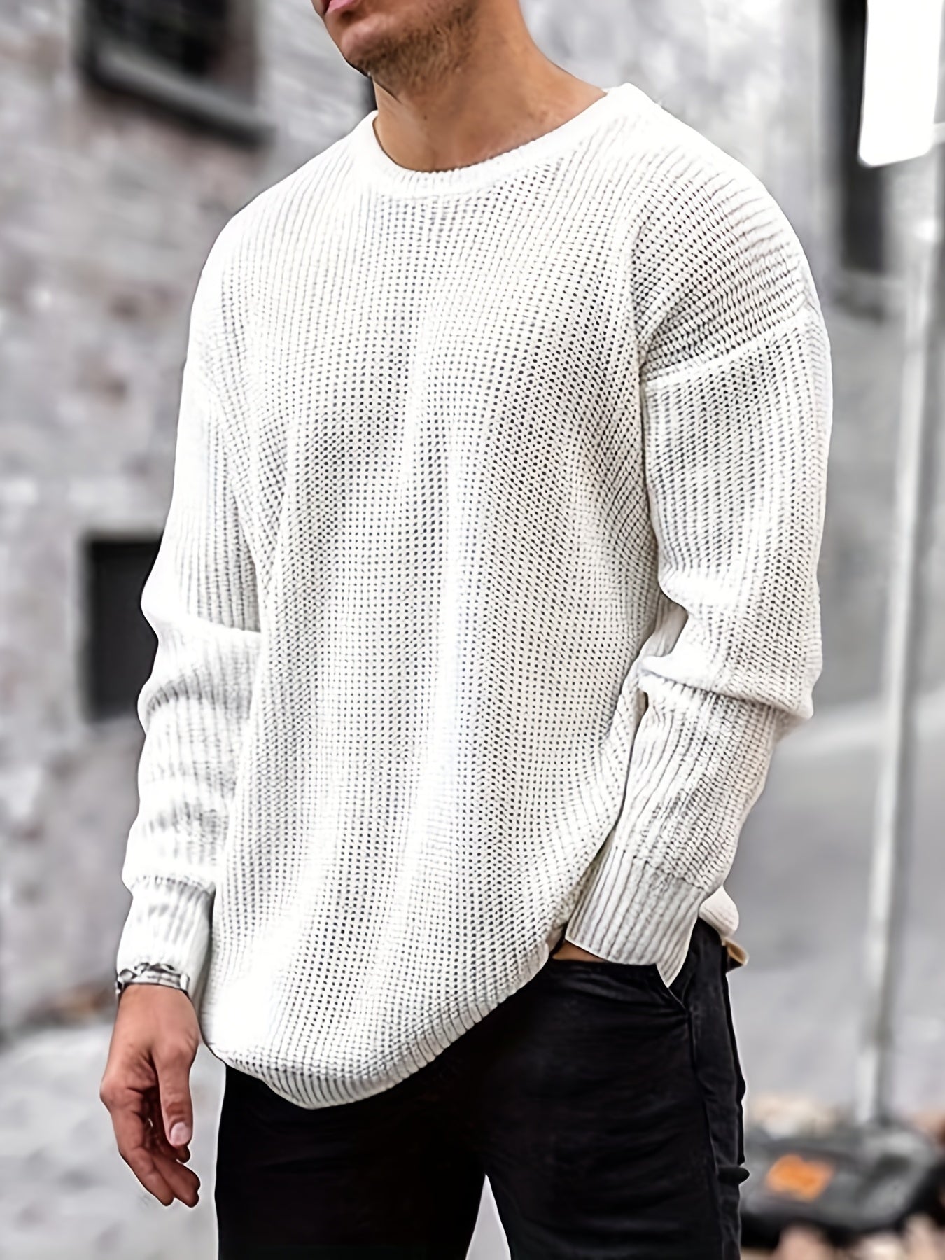 Comfortable Mens Knitted Pullover Sweater - Stylish & Warm with Mid Stretch Round Neck - All-Match Fall Winter Essential for Cool Days