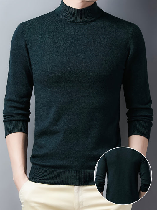 Men's Trendy Solid Knitted Pullover, Casual Mid Stretch Breathable Turtleneck Base Layer For Outdoor Fall Winter