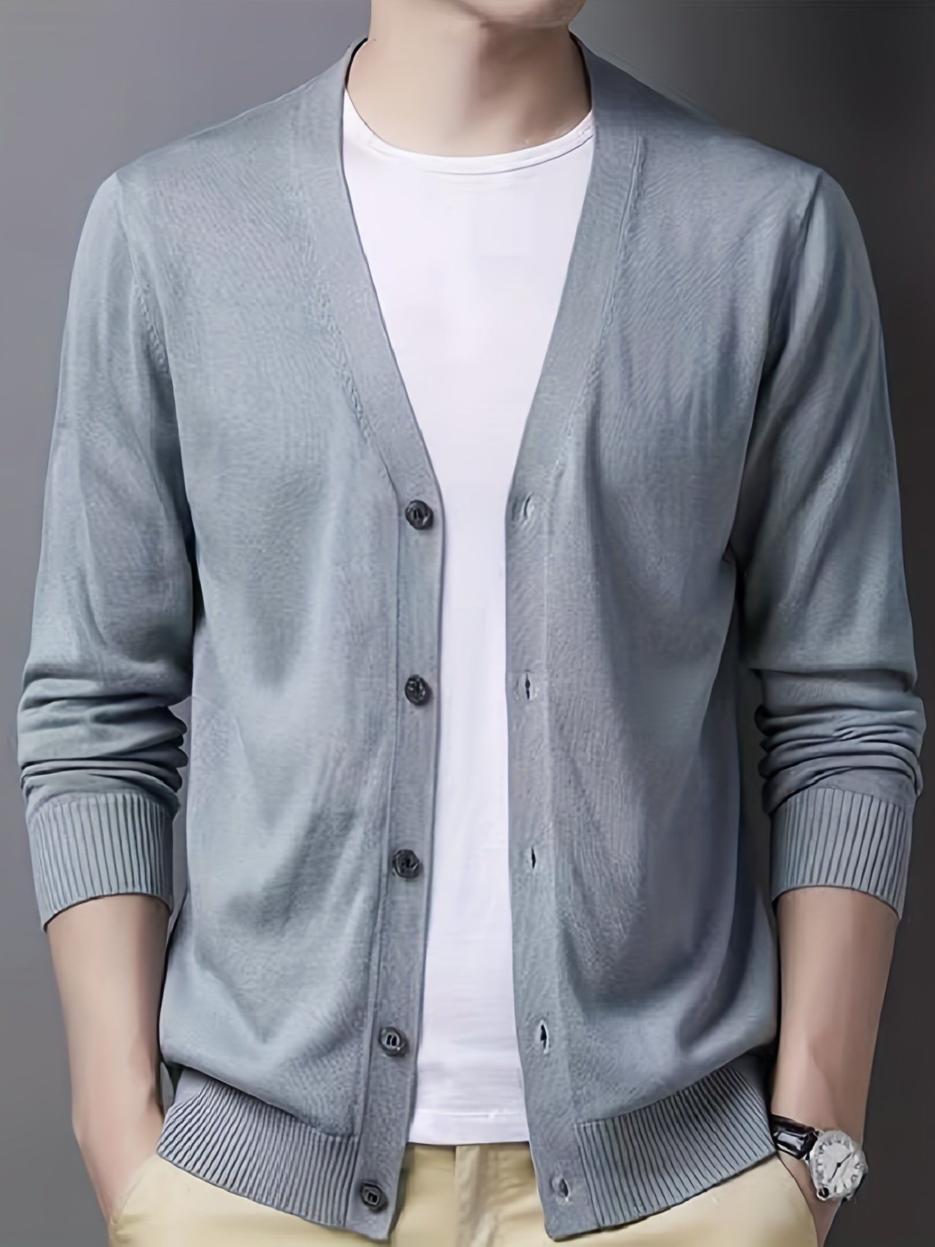 Men's V-neck Casual Cardigan, Plain Thermal Regular Fit Knit Sweater For Spring Autumn