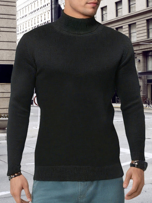 Turtle Neck Knitted Sweater, Men's Casual Warm Solid Color Slight Stretch Pullover Sweater For Fall Winter