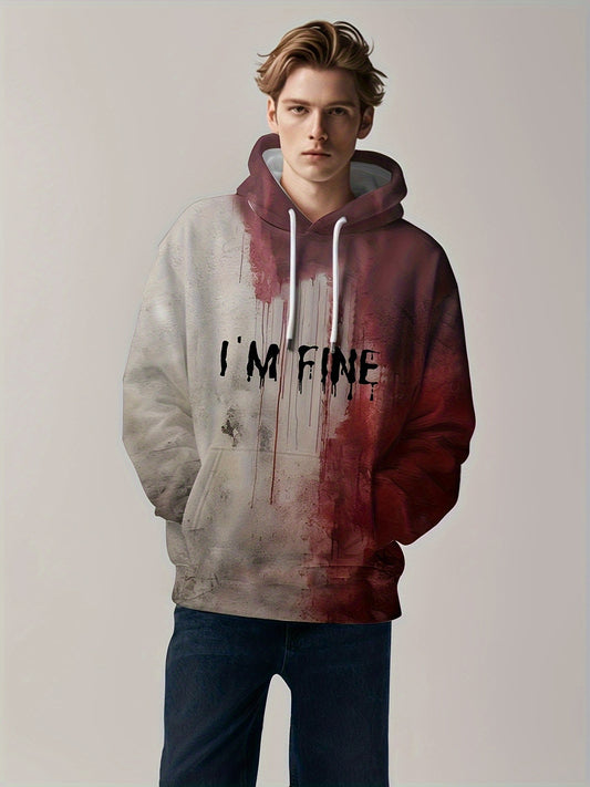 Men's Color Block Melting Text Print Hoodie With Kangaroo Pocket, Casual Long Sleeve Hooded Sweatshirt For Outdoor