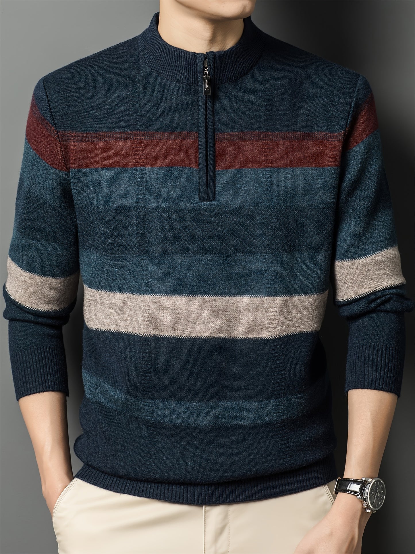 Cozy Mens Striped Knit Sweater - Fashionable Half-Zip Pullover with High Stretch - Perfect for Fall Winters Versatile Style