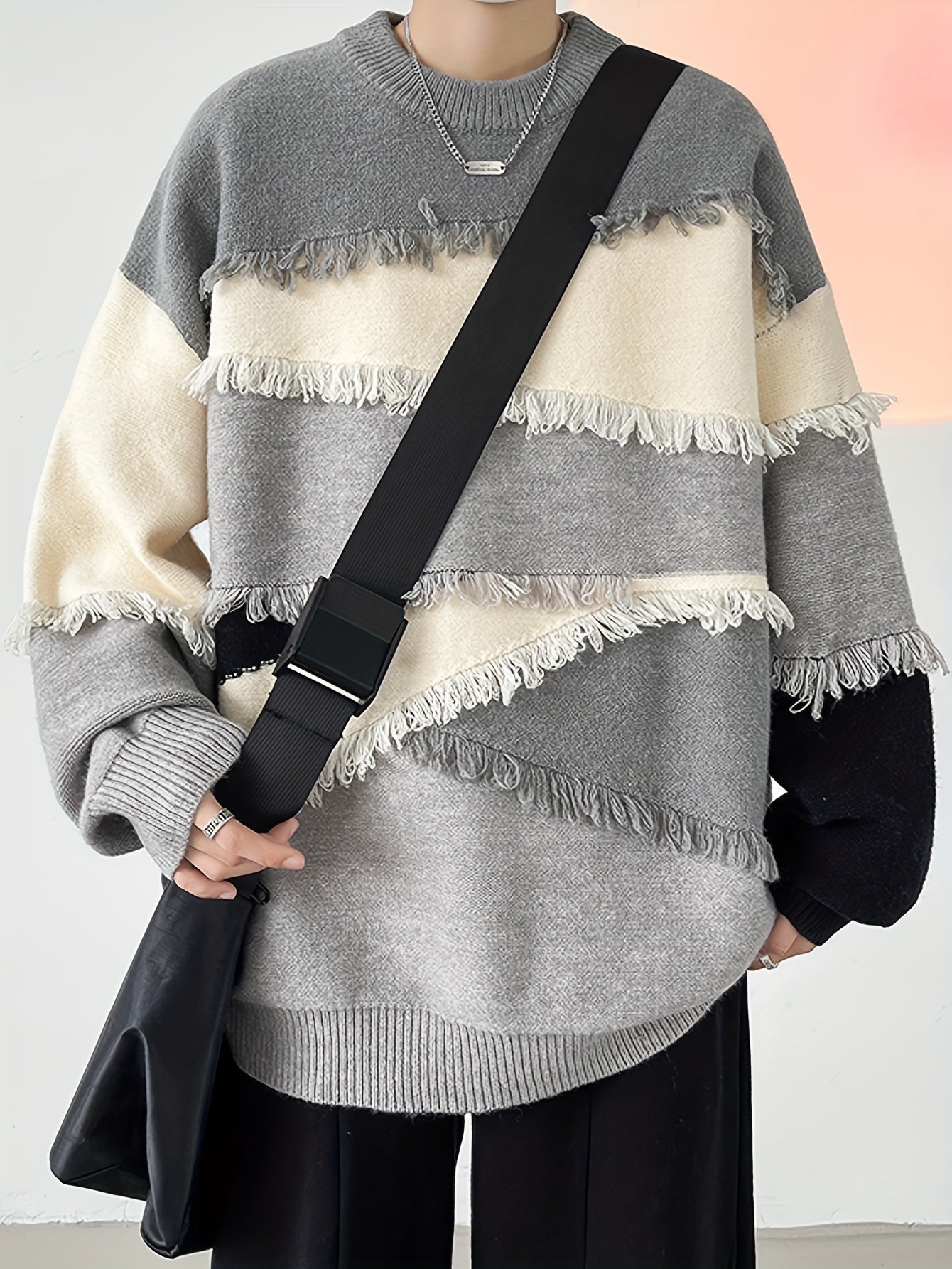 Men's Stylish Stripe Tassel Knitted Pullover, Casual Mid Stretch Breathable Long Sleeve Crew Neck Top For City Walk Street Hanging Outdoor Activities