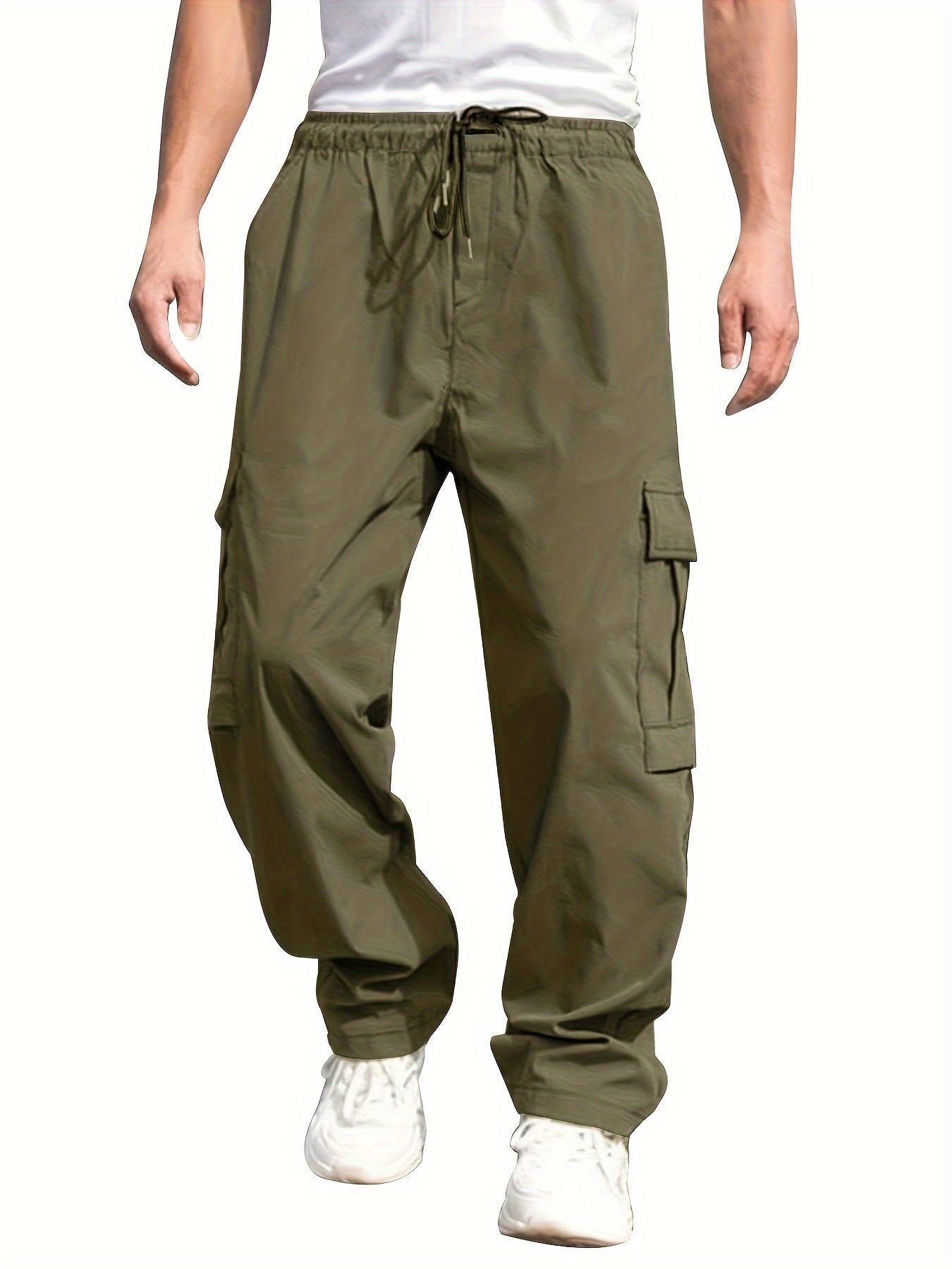 Mens Cargo Pants with Elastic Drawstring - Spacious Pockets, Loose Fit & Trendy Solid Color - Perfect for Casual Style