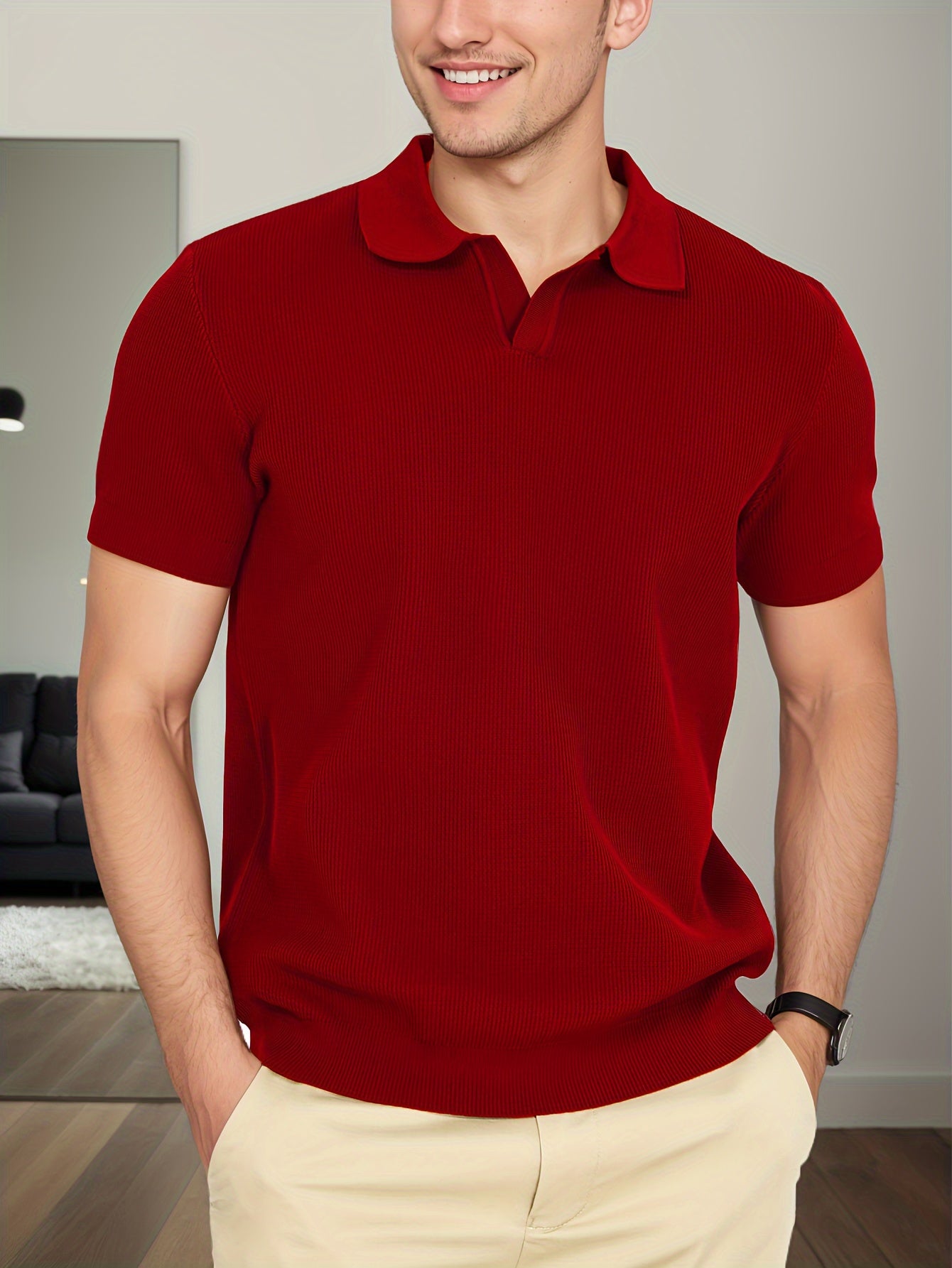 Men's Solid Knitted Lapel Shirt, Casual Short Sleeve Sweater Pullovers For Golf & Business Clothing