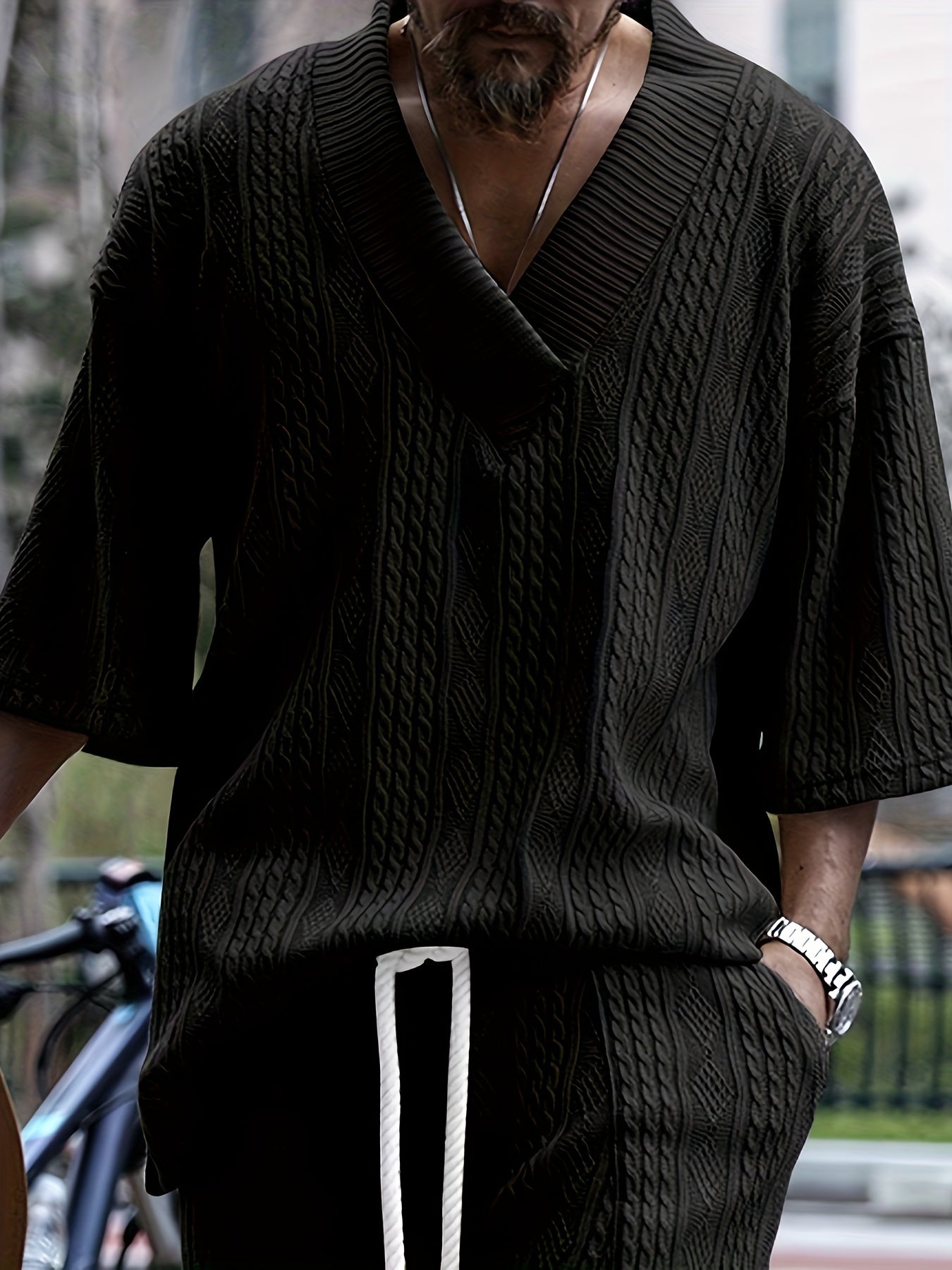 The Latest Casual Loose Fitting Quarter Sleeved Jacquard Knit Shirt From Europe And America, Men's Top, Old Money Style