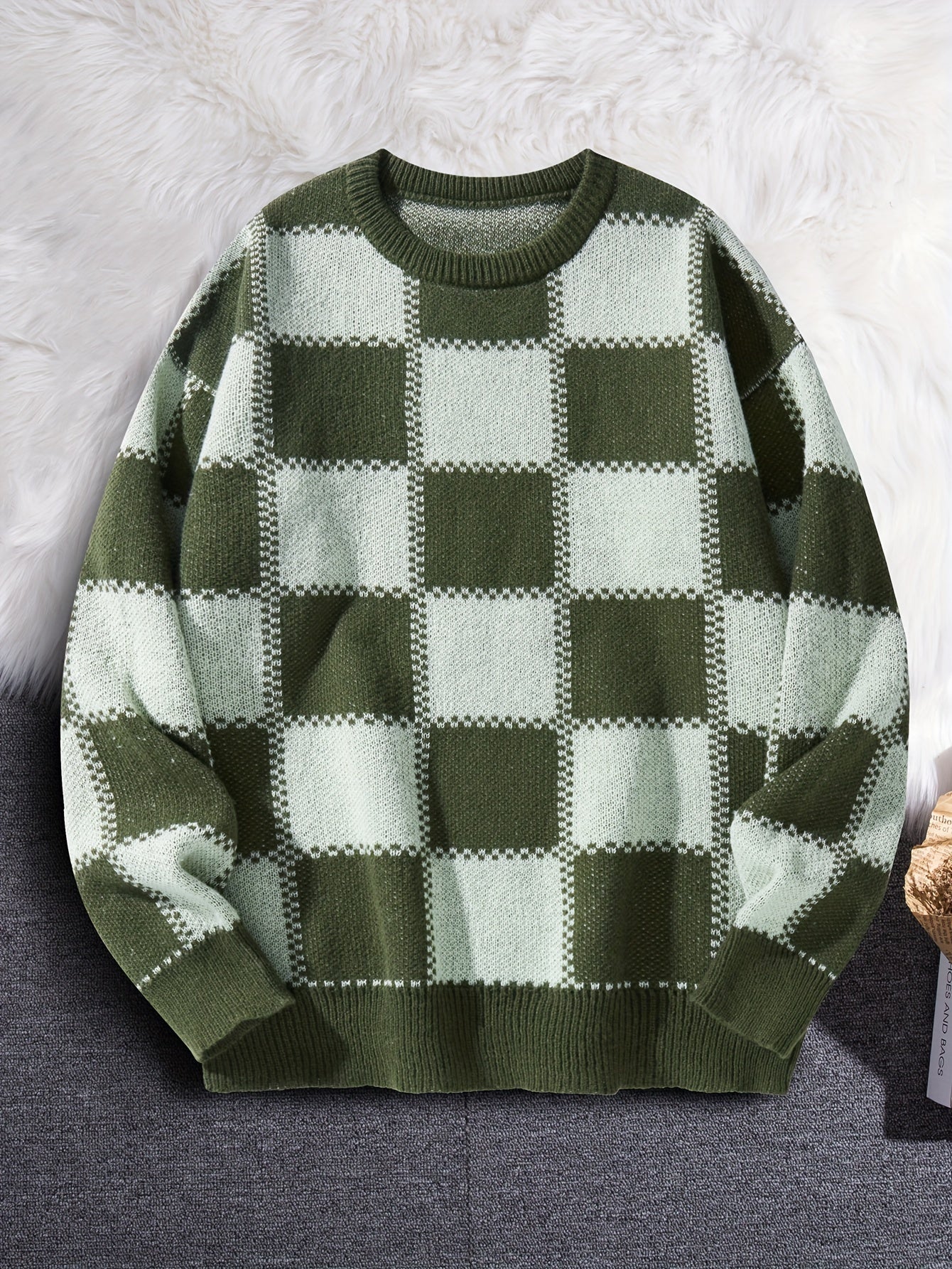 Men's Checkerboard Knitted Sweater - Warm And Stretchy Casual Pullover For Fall And Winter