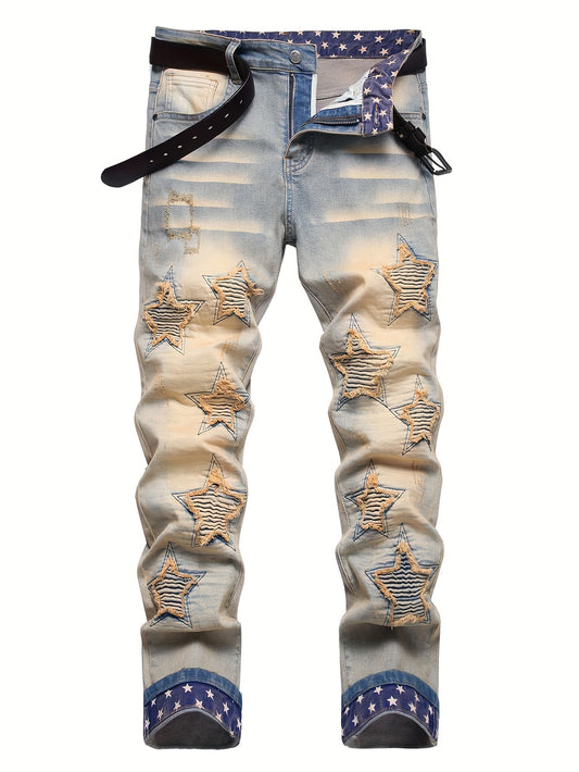 Men's Vintage Style Denim Pants With Star Pattern, All-season Trendy Jeans For Male, Stylish Casual Clothing