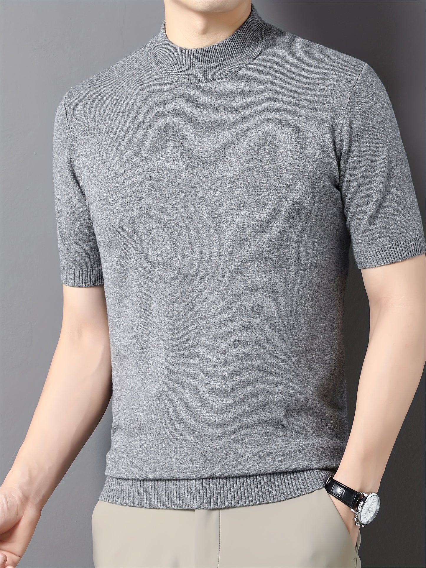 Men's Stylish Solid Knitted Pullover, Casual Breathable Short Sleeve Mock Neck Top For City Walk Street Hanging Outdoor Activities