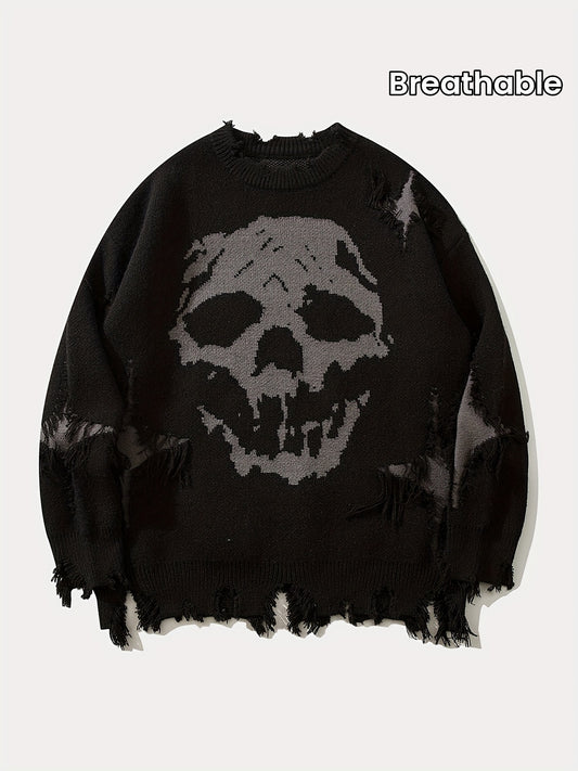 Men's Stylish Skull Pattern Knitted Pullover, Casual Breathable Long Sleeve Crew Neck Top For City Walk Street Hanging Outdoor Activities