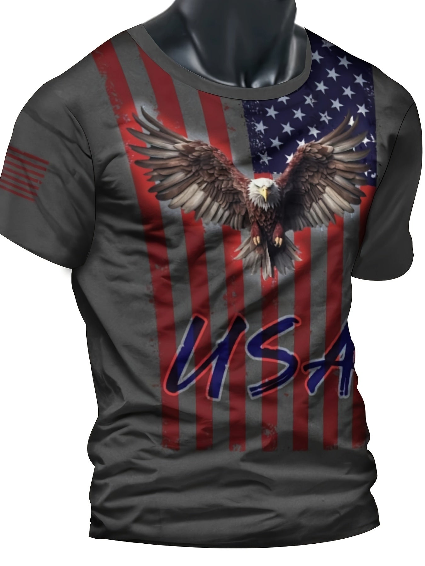 Eagle And Flag Print T-shirt, Men's Casual Street Style Stretch Round Neck Tee Shirt For Summer