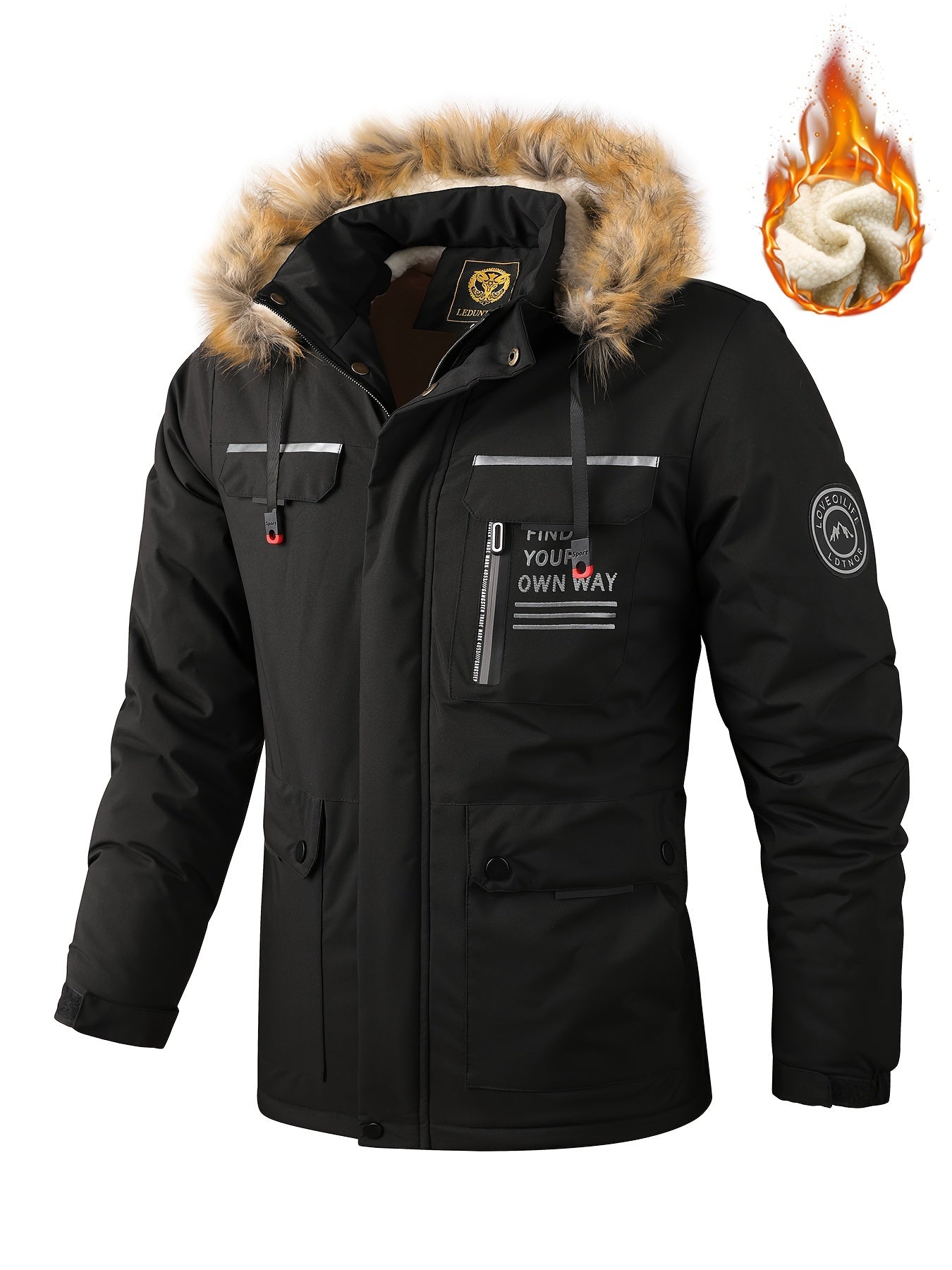 New Fall/Winter, Men's Flap Pocket Padded Jacket, With Faux Fur Hoodie Coat