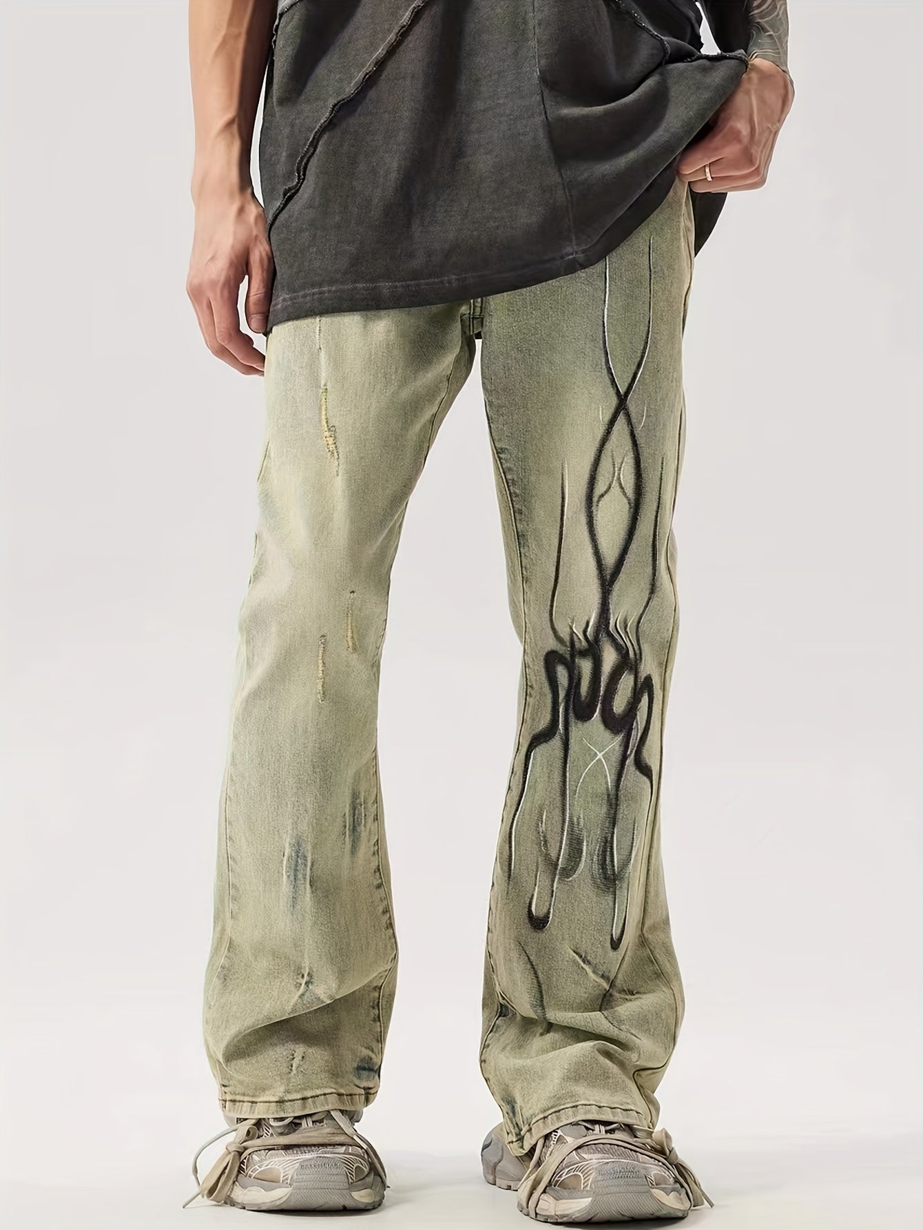 Men's Street Style Flame-Print Distressed Denim Jeans - Machine And Dry Cleanable, All-Season Wear