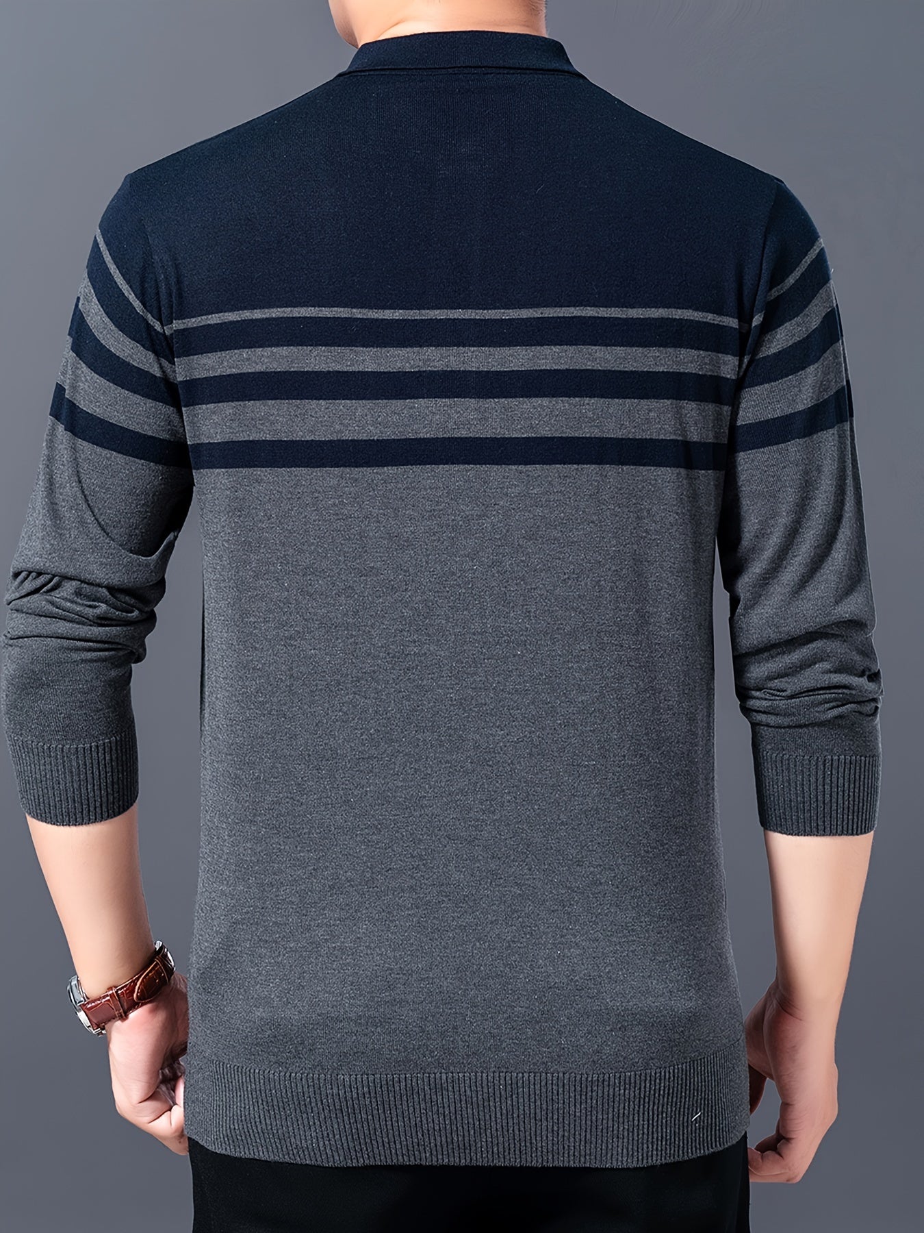 Men's Stylish Striped Sweater, Casual Mid Stretch Breathable Long Sleeve Shirt Top For City Walk Street Hanging