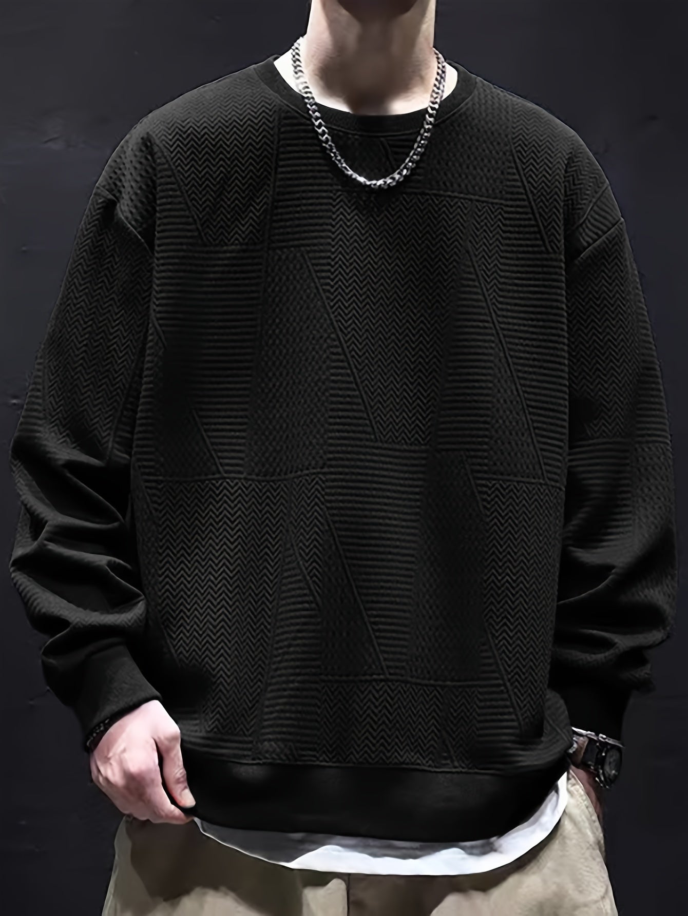 Plus Size Men's Solid Color Casual Ribbed Knit Pullover Sweatshirt for Relaxed Fit