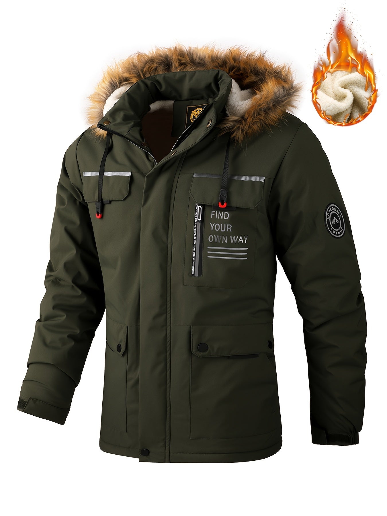 New Fall/Winter, Men's Flap Pocket Padded Jacket, With Faux Fur Hoodie Coat