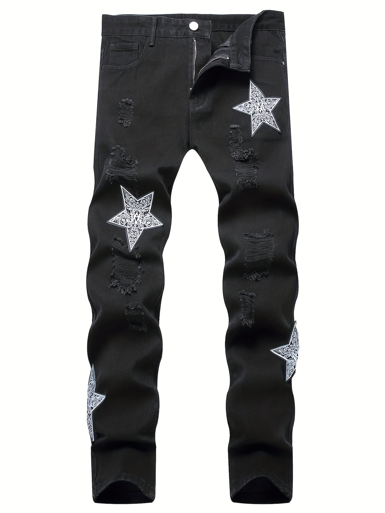 FORUWISH  -  Men's Star Embroidery Jeans, Casual Street Style Ripped Denim Pants