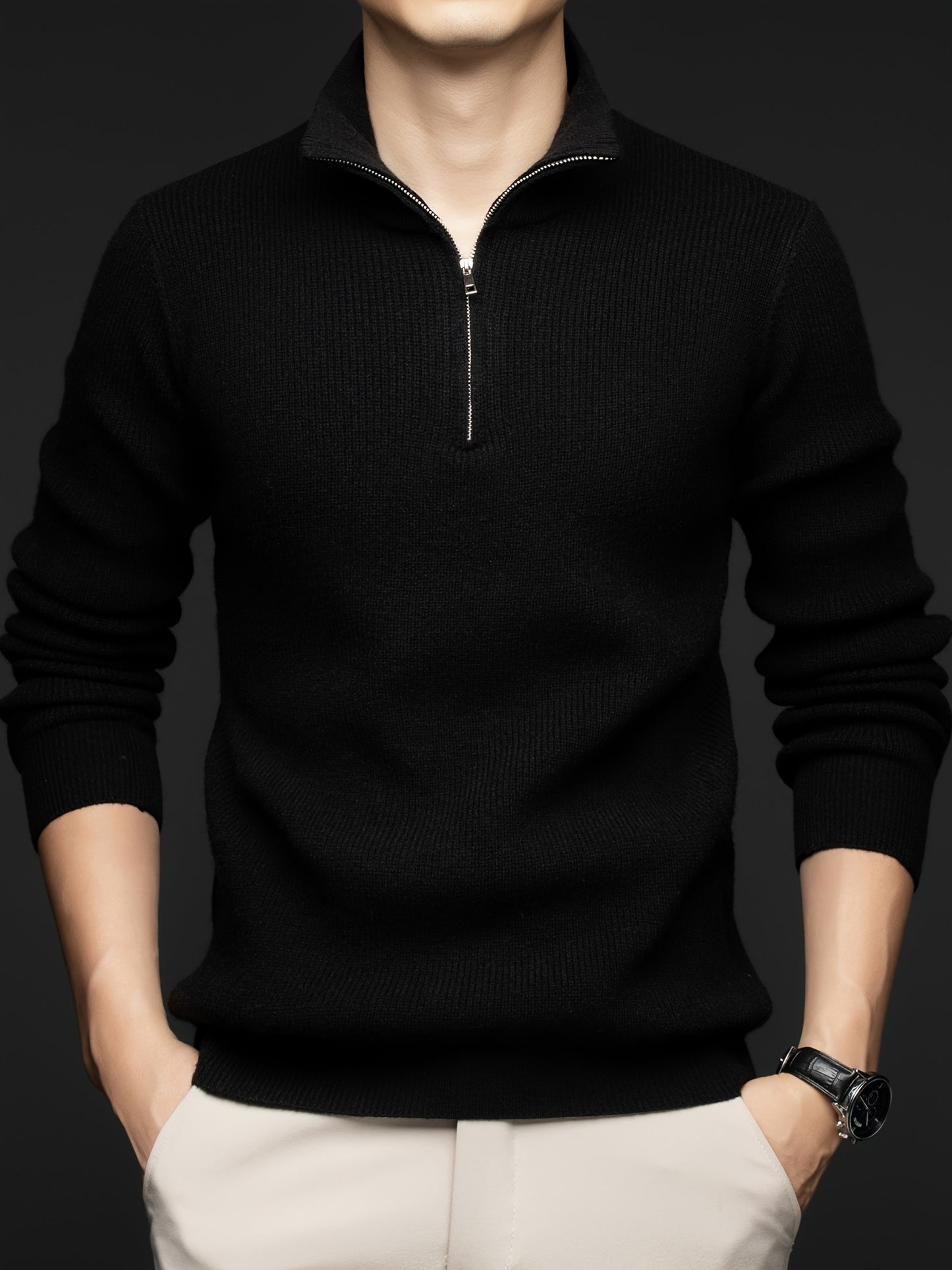 Long Sleeve Men's Solid Knitted Turtle Neck Half Zipper Casual Pullover Sweater For Fall Winter