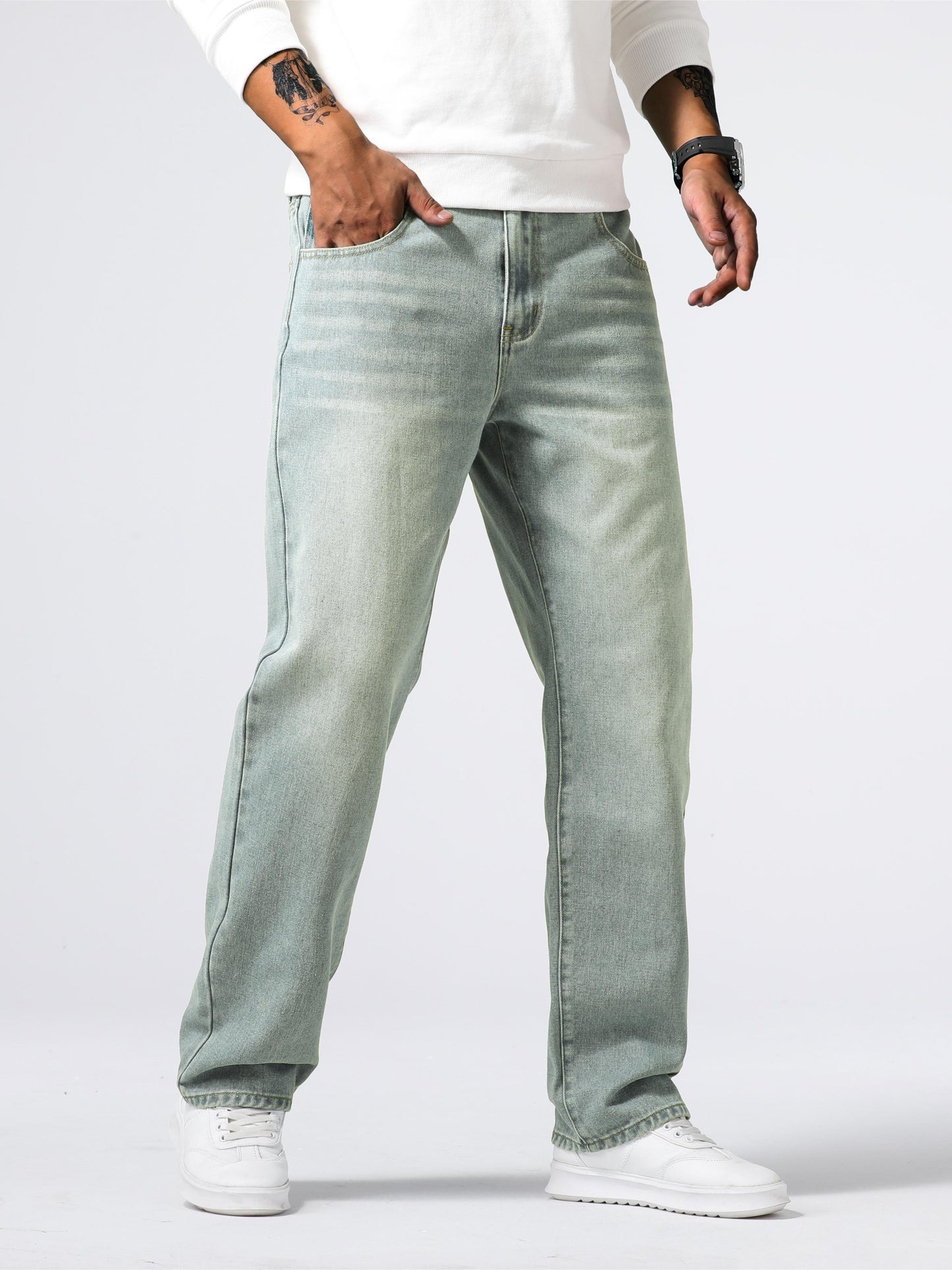 Men's Casual Loose Fit Jeans, Street Style Straight Leg Denim Pants