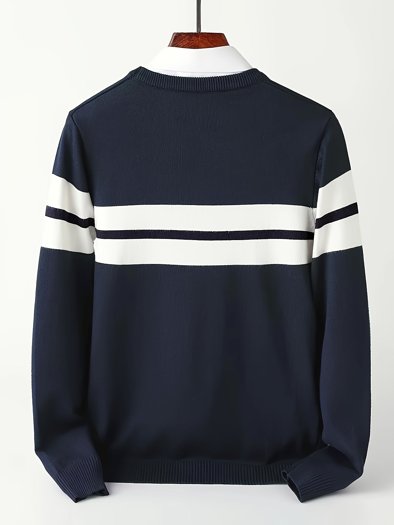 Long Sleeve Men's Slim-fit Crew Neck Sweater, Color Block Striped Knitted Pullover for Fall Winter, Casual