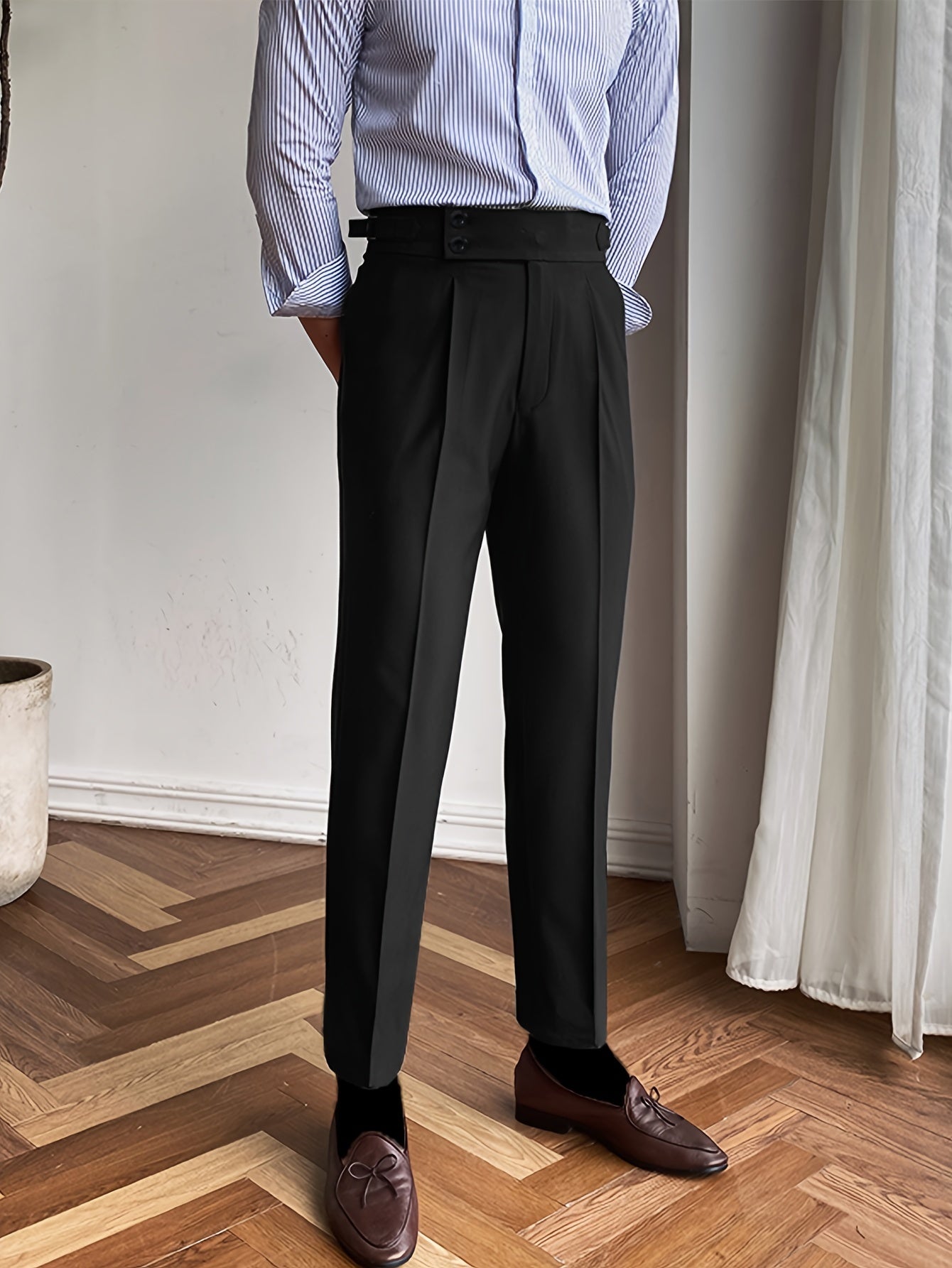 1pc Men's Italian Paris Buckle Design Slim Fit Casual Business Trousers, Solid Color, Polyester Blend, All-Season, Button Detail, Woven Fabric