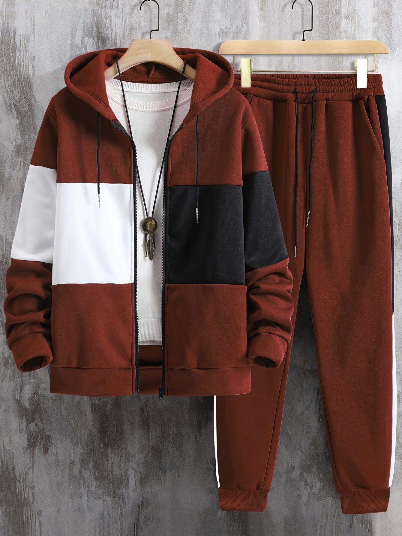 2-Piece Color Block Long Sleeve Zip Up Hooded Jacket and Drawstring Pants Set - Sweatsuits for Outdoor Enthusiasts - Water Resistant, Breathable, and Comfortable