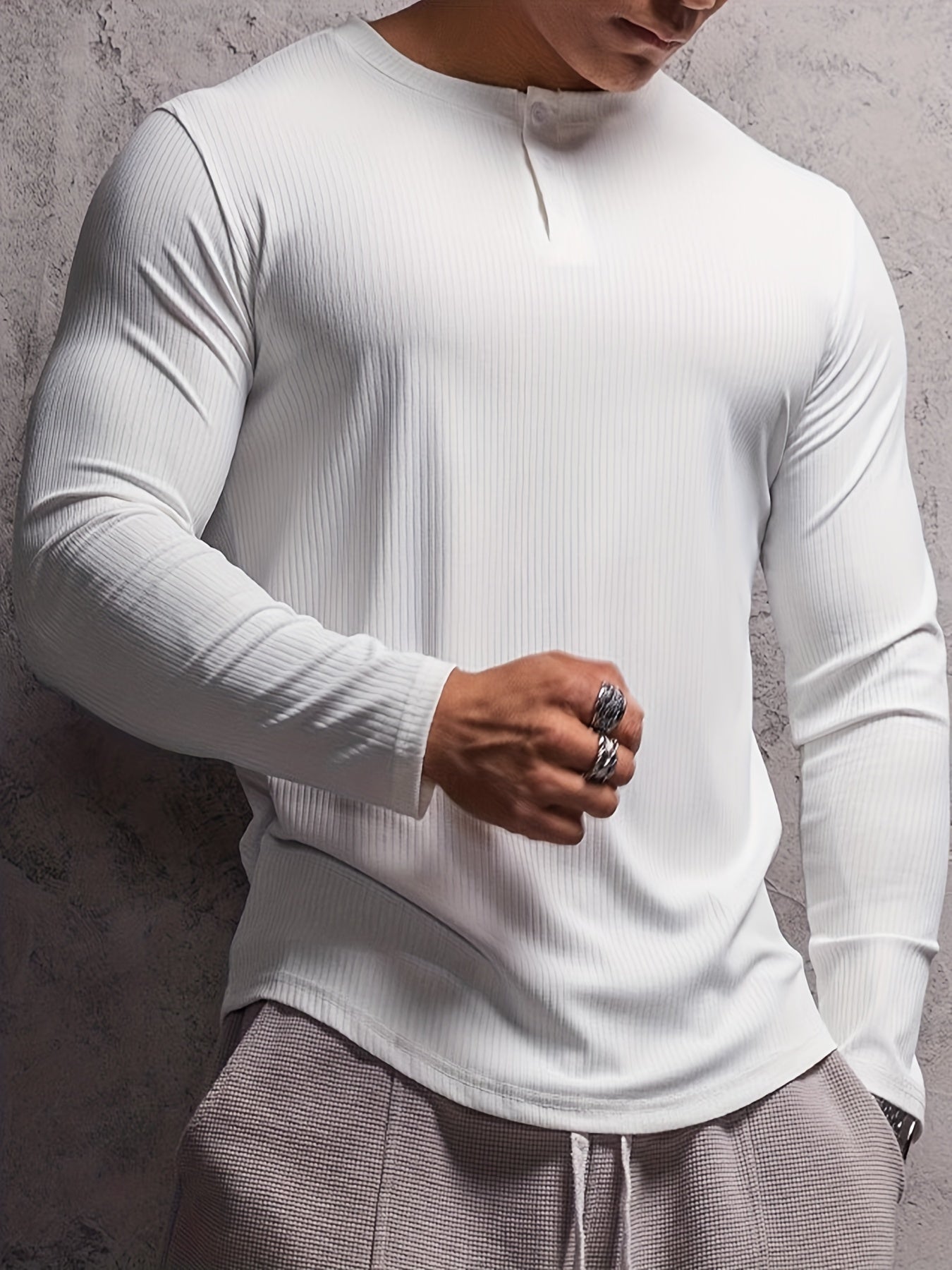 FORUWISH  -  Solid Stripe Men's Round Neck Long Sleeve T-shirt With Button, Men's Casual Comfy Stretch Tee For Spring Fall