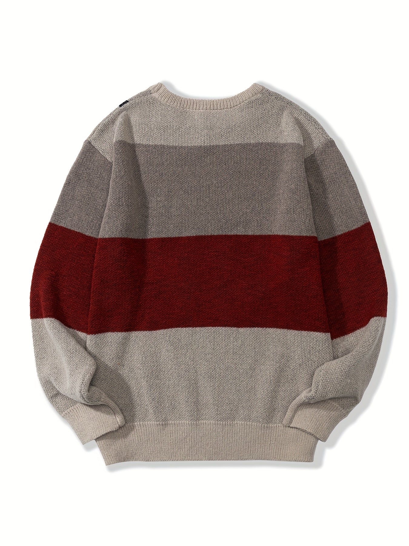 All Match Knitted Color Block Sweater, Men's Casual Warm Slightly Stretch Crew Neck Pullover Sweater For Men Fall Winter