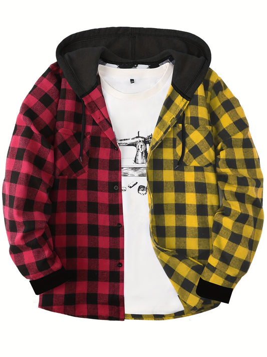 Long Sleeve Casual Regular Fit Button Up Hooded Shirts Jacket, Plaid Shirt Coat For Men