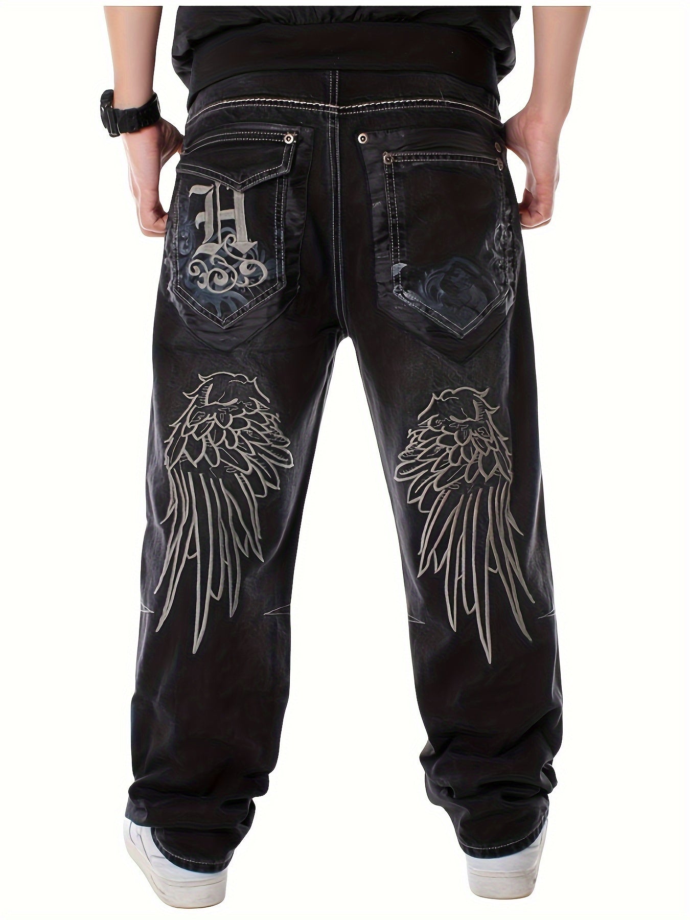 Mens Vintage Embroidered Jeans - Loose Fit, Straight Leg, Hip Hop Dance Style - Durable Denim, All-Season Comfort