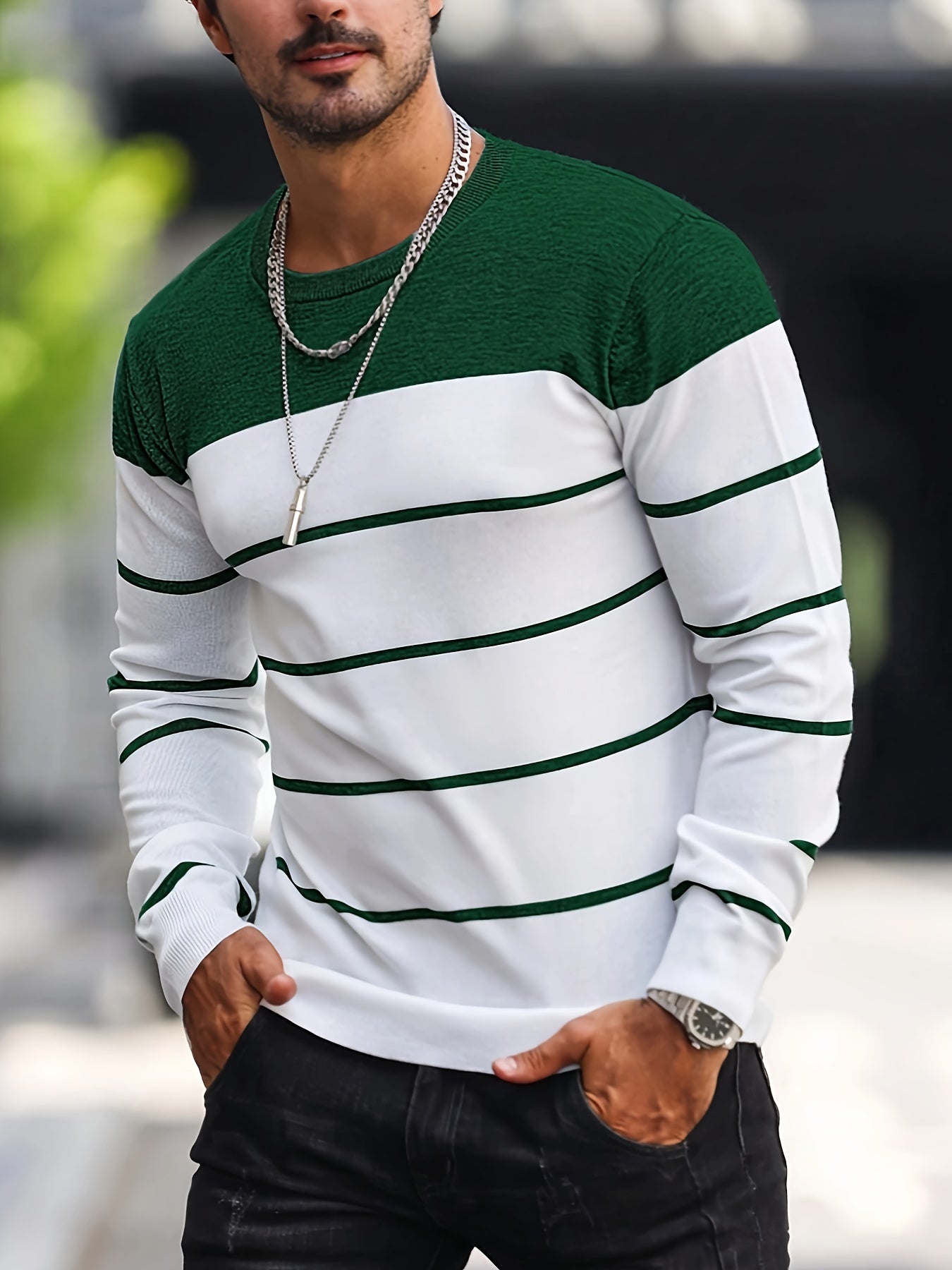 Men's Striped Knitted Pullover, Casual Long Sleeve Crew Neck Sweater For Fall Spring