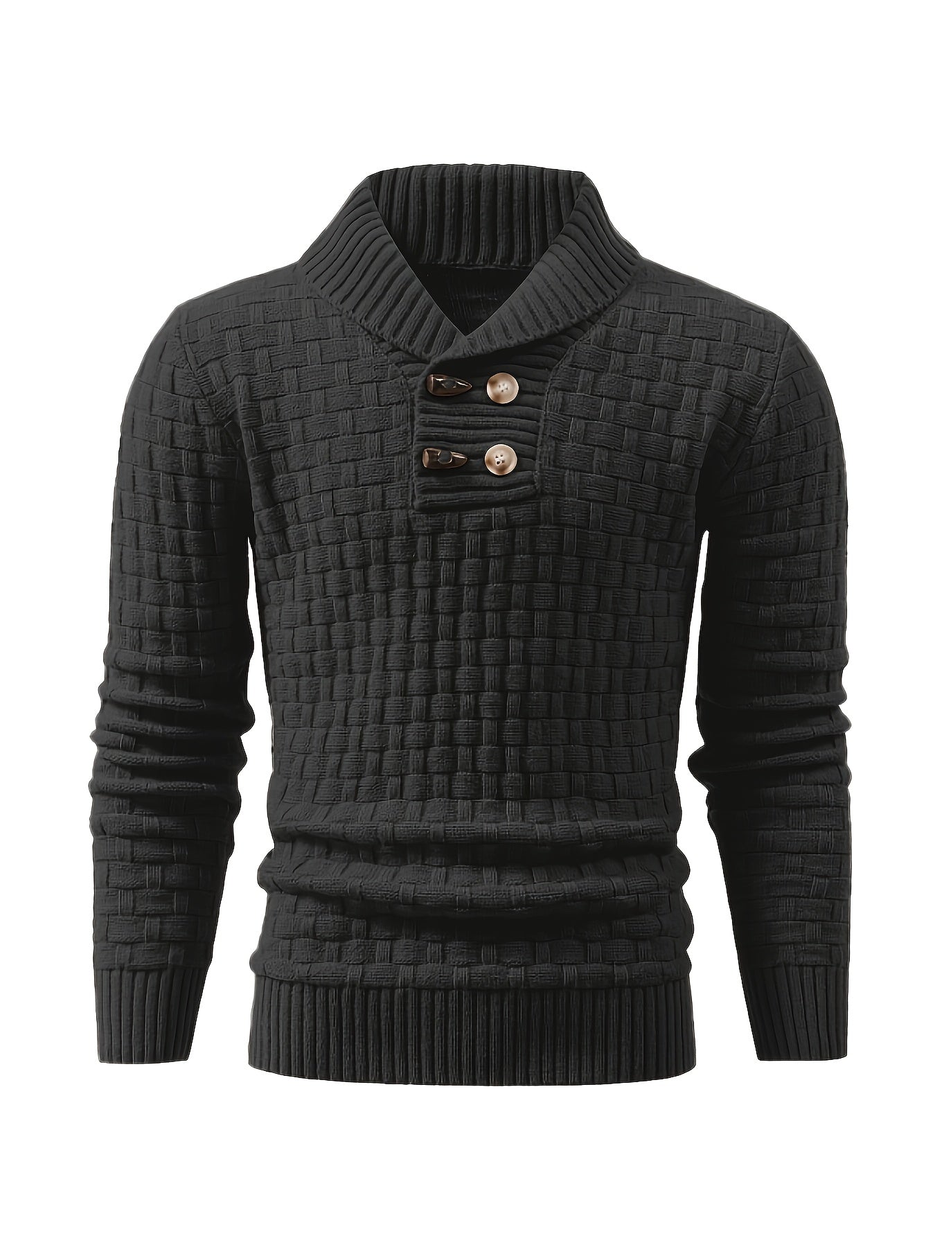 Men's Casual Knit Pullover Sweater with Button Detail, Lapel Collar, Long Sleeve, Polyester Fabric, Solid Color, High Stretch, Skinny Fit - Fall/Winter Collection