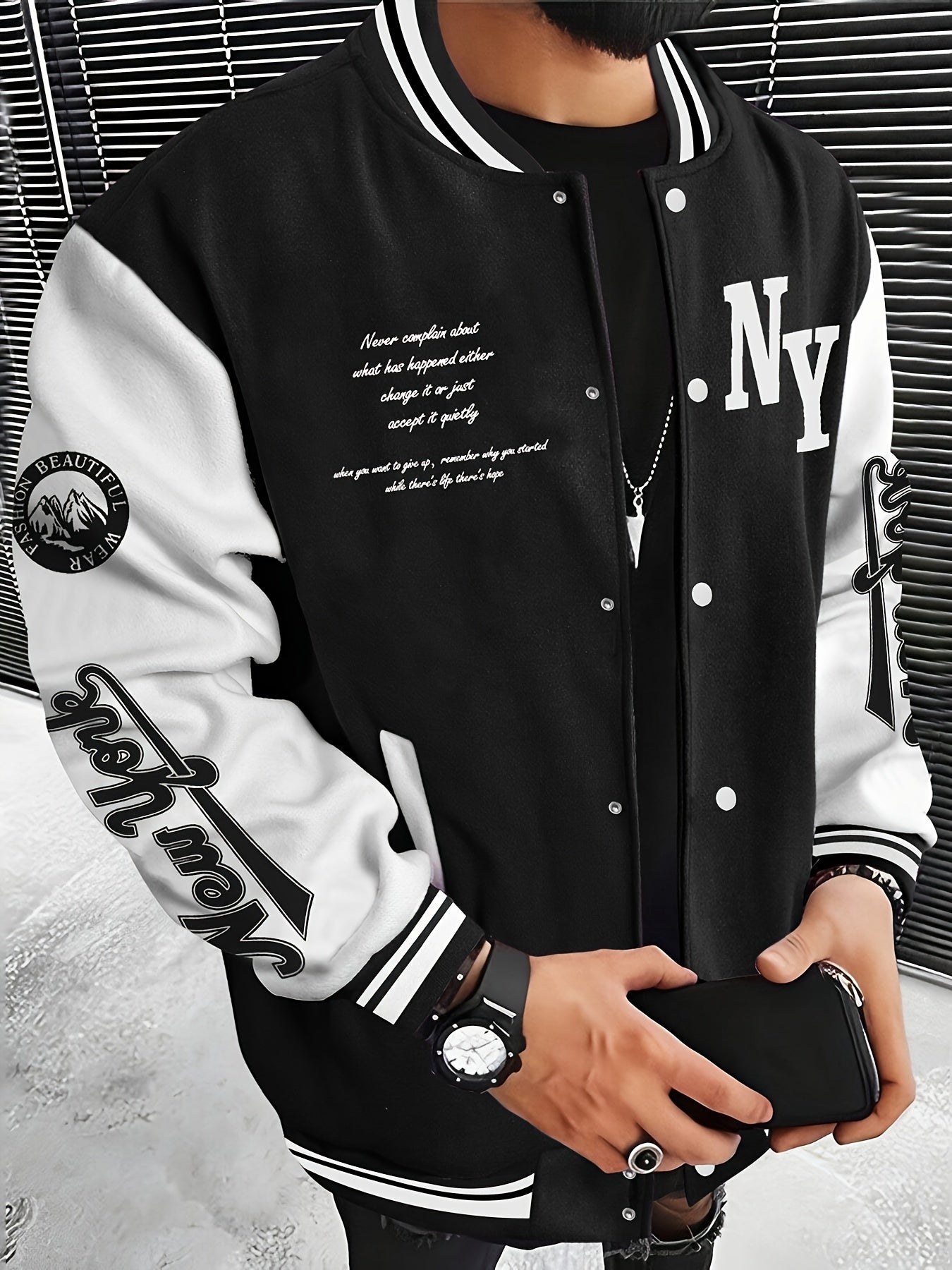 Men's Color Block Varsity Jacket, Casual Bomber Jacket With Striped Trim & Letter Embroidered Design, Comfortable Fit Outerwear