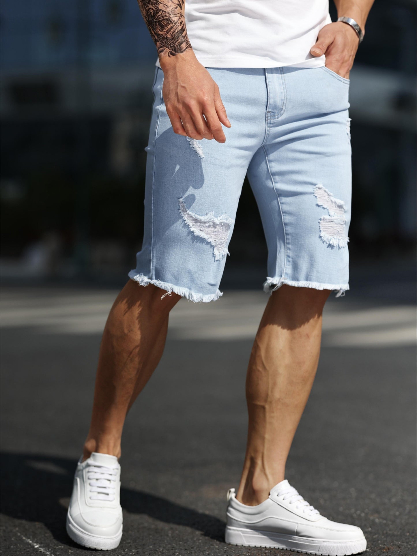 Mens Ripped Slim Fit Jorts - Soft Cotton Blend, Chic Street Style, Frayed Hem, Summer Bottoms, Comfortable, Breathable, and Stylish - Perfect for Casual Outdoor Activities