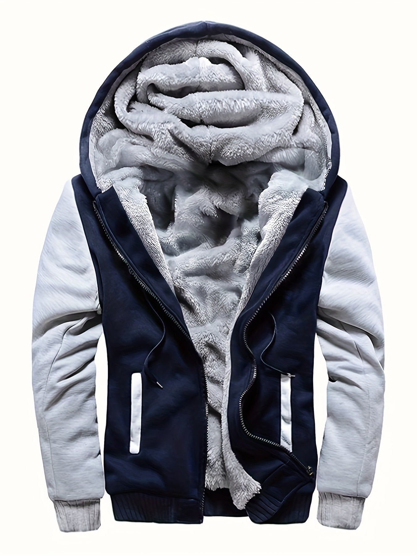 Men's Warm Fleece Hooded Jacket, Casual Color Block Jacket Coat For Fall Winter