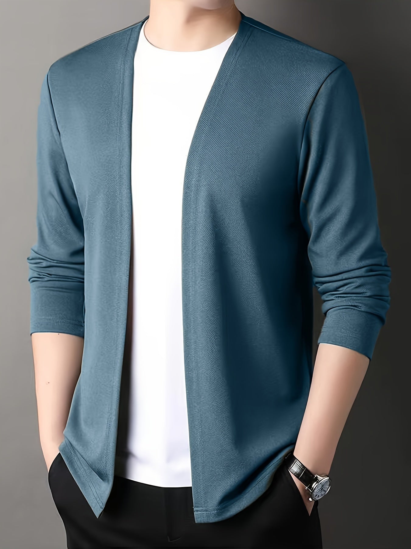 Men's Solid Knitted Cardigan, Casual Breathable Long Sleeve Slim-fit Open Front Sweater For Outdoor Activities