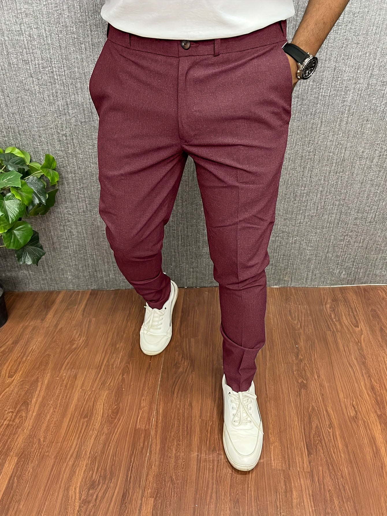 Mens Slim-Fit Elegant Slacks - Stretchy Rayon Blend Fabric, Semi-Formal Business Pants with Pockets, Button Fly Closure, Mid-Waist Design - Ideal for Mature Occasions, All-Season Wear