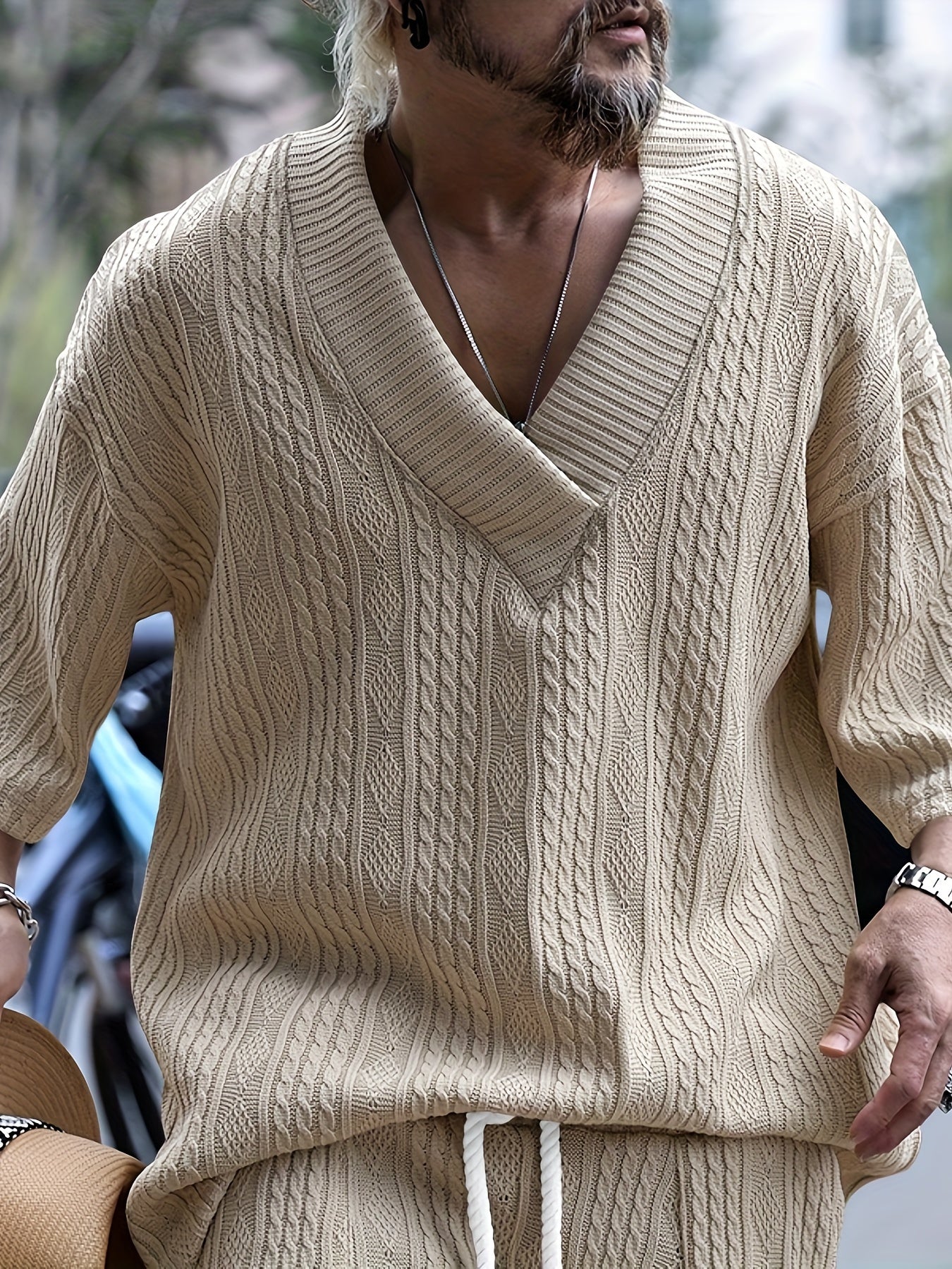 The Latest Casual Loose Fitting Quarter Sleeved Jacquard Knit Shirt From Europe And America, Men's Top, Old Money Style