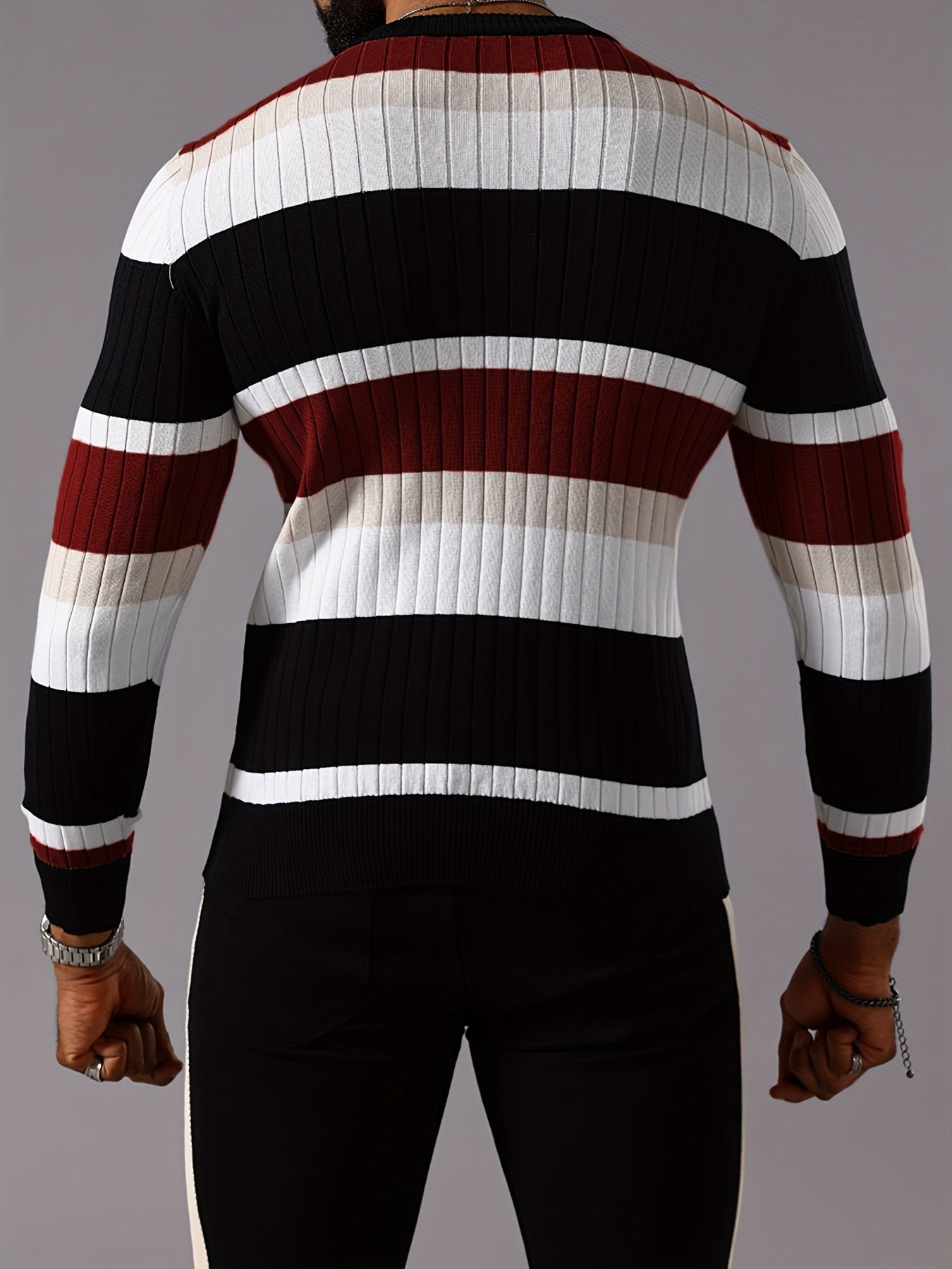 Men's Color Block Knitted Pullover, Casual Long Sleeve Crew Neck Sweater For Fall Winter