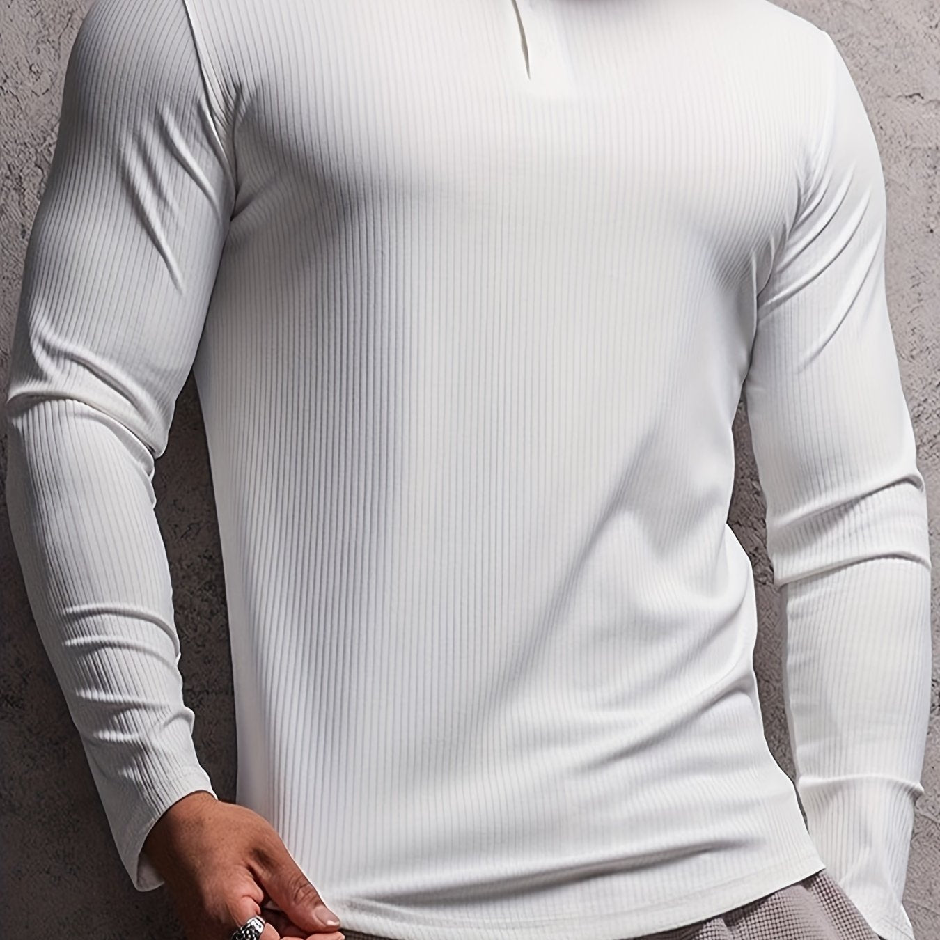 FORUWISH  -  Solid Stripe Men's Round Neck Long Sleeve T-shirt With Button, Men's Casual Comfy Stretch Tee For Spring Fall