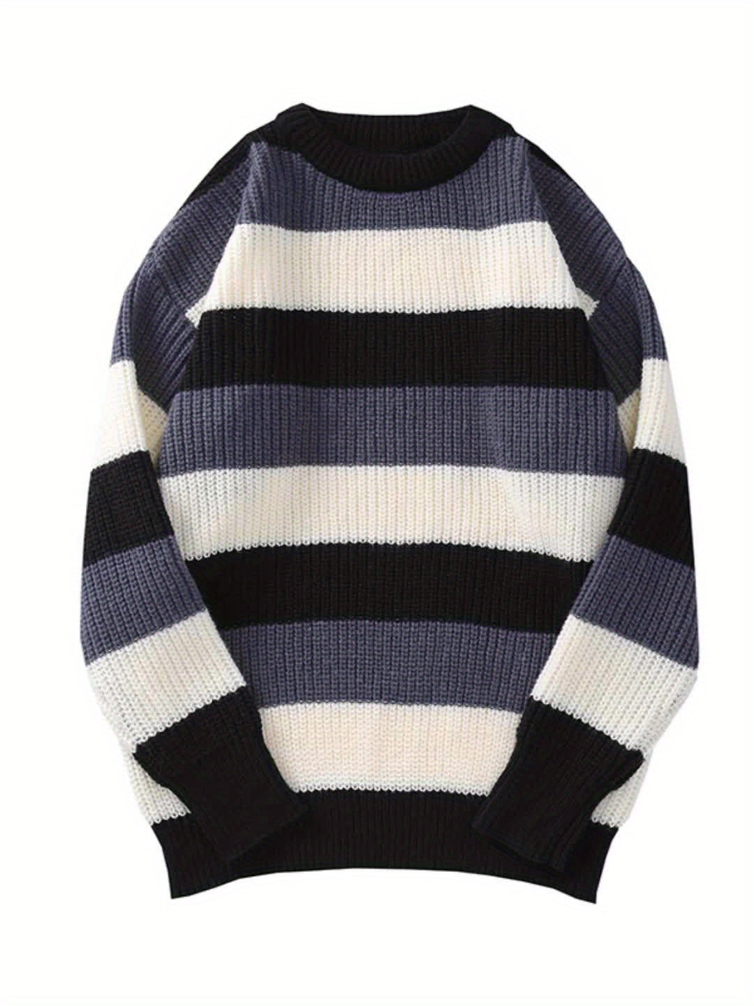 Chic Striped Knitted Sweater, Men's Casual Warm Stretch Round Neck Long Sleeve Pullover Sweater For Fall Winter