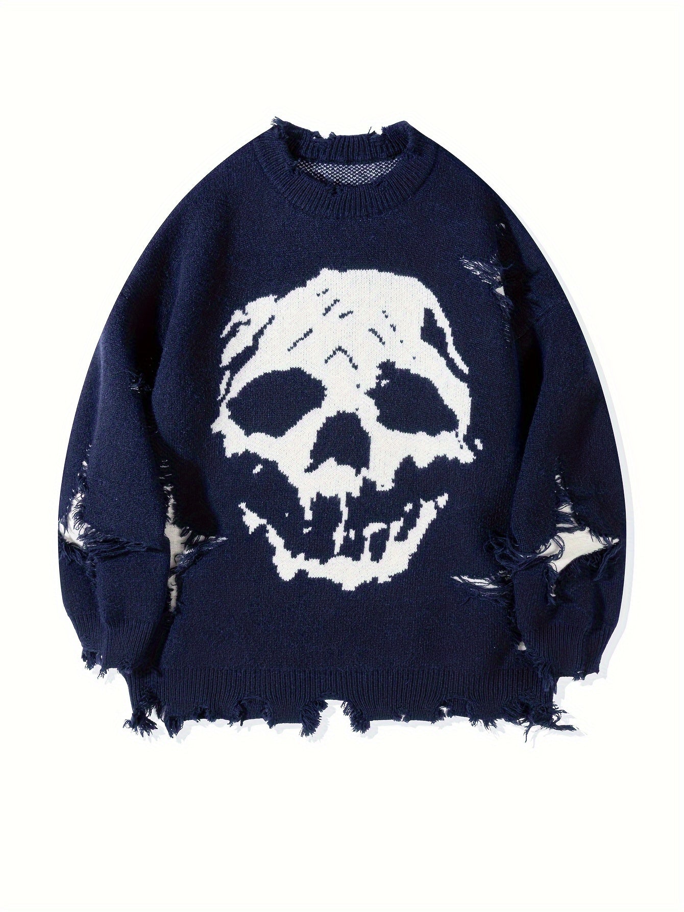 Men's Stylish Skull Pattern Knitted Pullover, Casual Breathable Long Sleeve Crew Neck Top For City Walk Street Hanging Outdoor Activities