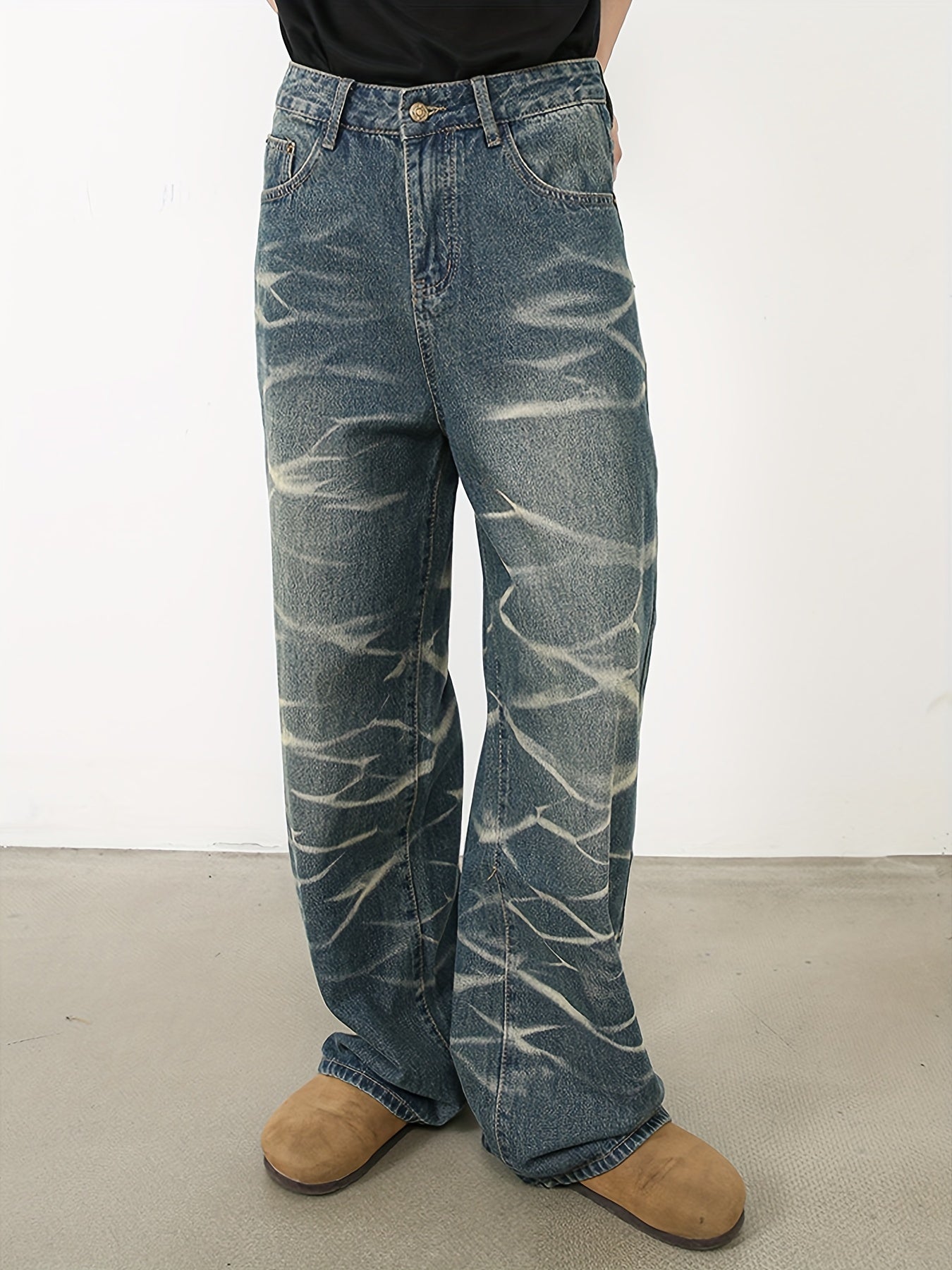 Men's loose fitting straight leg retro design denim street dance party water ripple denim casual pants