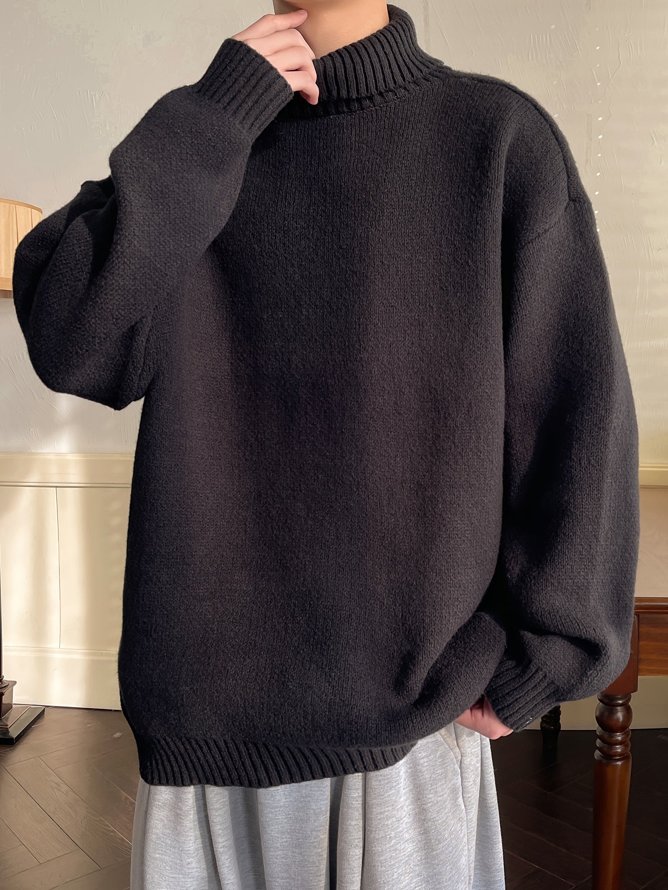 Cozy Men's Loose Fit Solid Knitted Pullover Sweater - Soft, Casual, Long Sleeve, Turtle Neck, Fall Winter Essential - Perfect for Outdoor Activities and Daily Wear