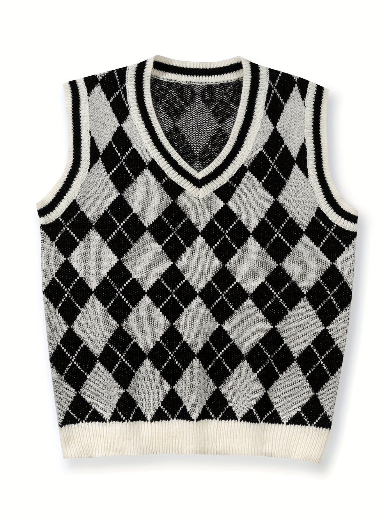 Rhombus Pattern High Stretch Knitted Vest, Men's Casual Vintage Style V Neck Vest For Fall Winter, K-pop