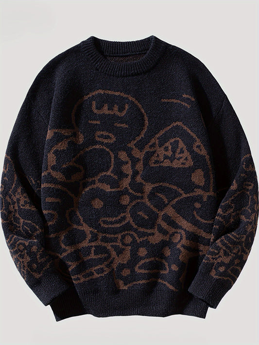 Cozy Fall Winter Essential: Men's Cartoon Graphic Print Knitted Long Sleeve Crew Neck Casual Sweater