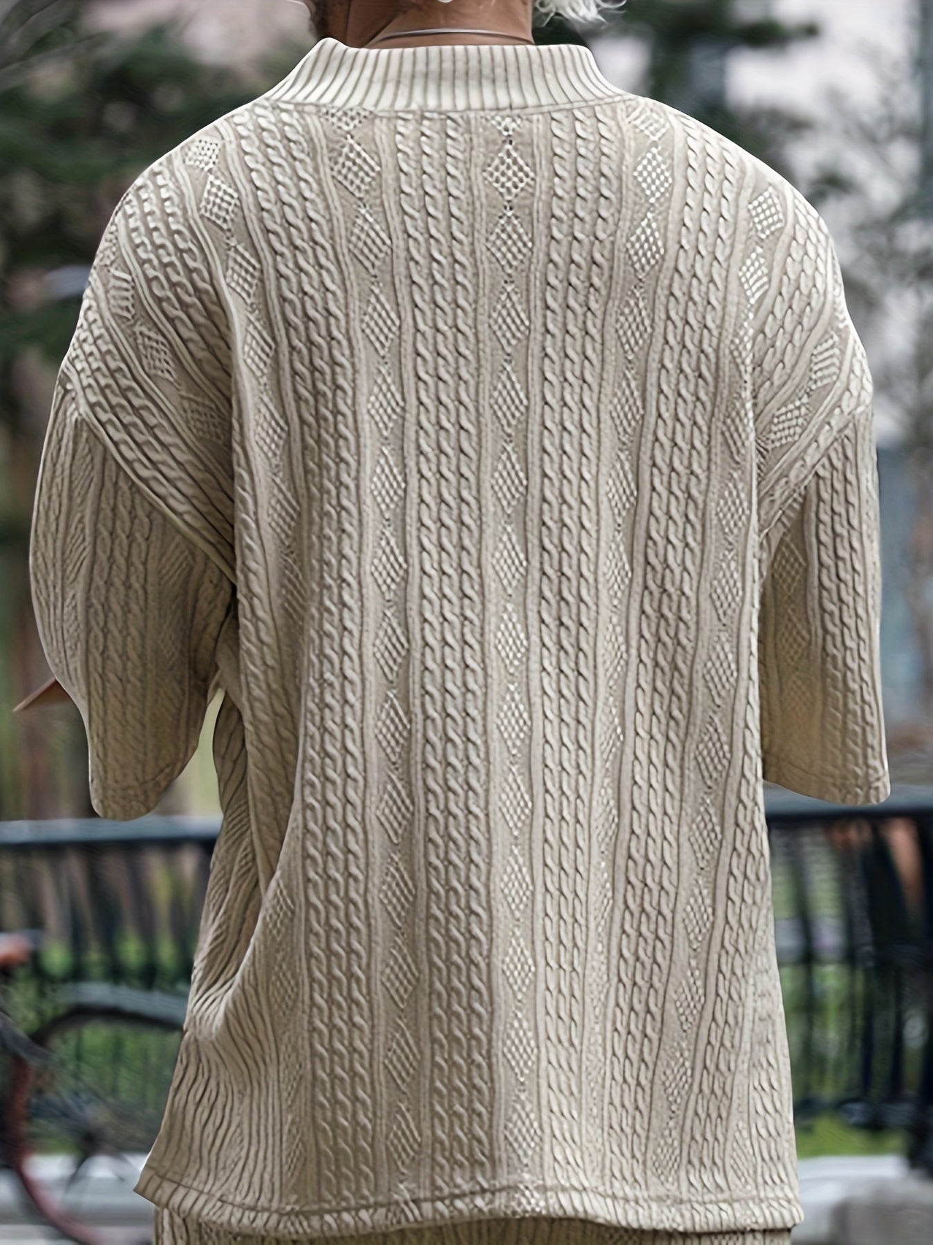 The Latest Casual Loose Fitting Quarter Sleeved Jacquard Knit Shirt From Europe And America, Men's Top, Old Money Style