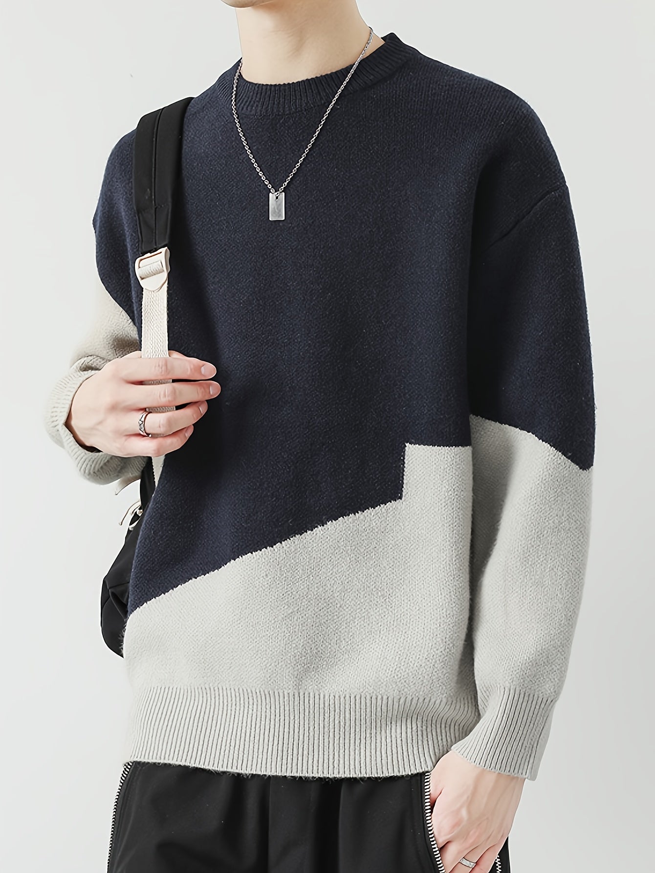 Men's Casual Color Block Sweater - Cozy Knit Pullover for Fall/Winter, Round Neck, Machine Washable, for Autumn, Spring