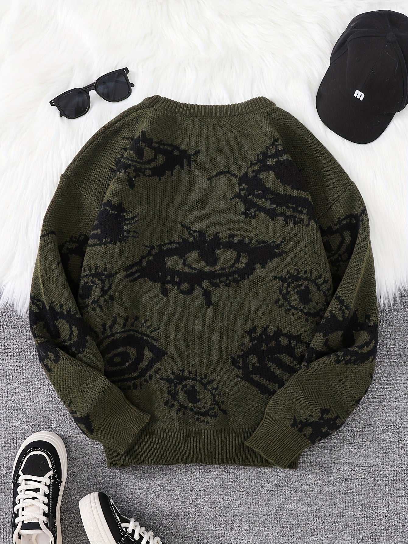 Men's Novelty Eyes Graphic Design Fall/Winter Sweater, Casual Round Neck Long Sleeve Knit Pullover Tops